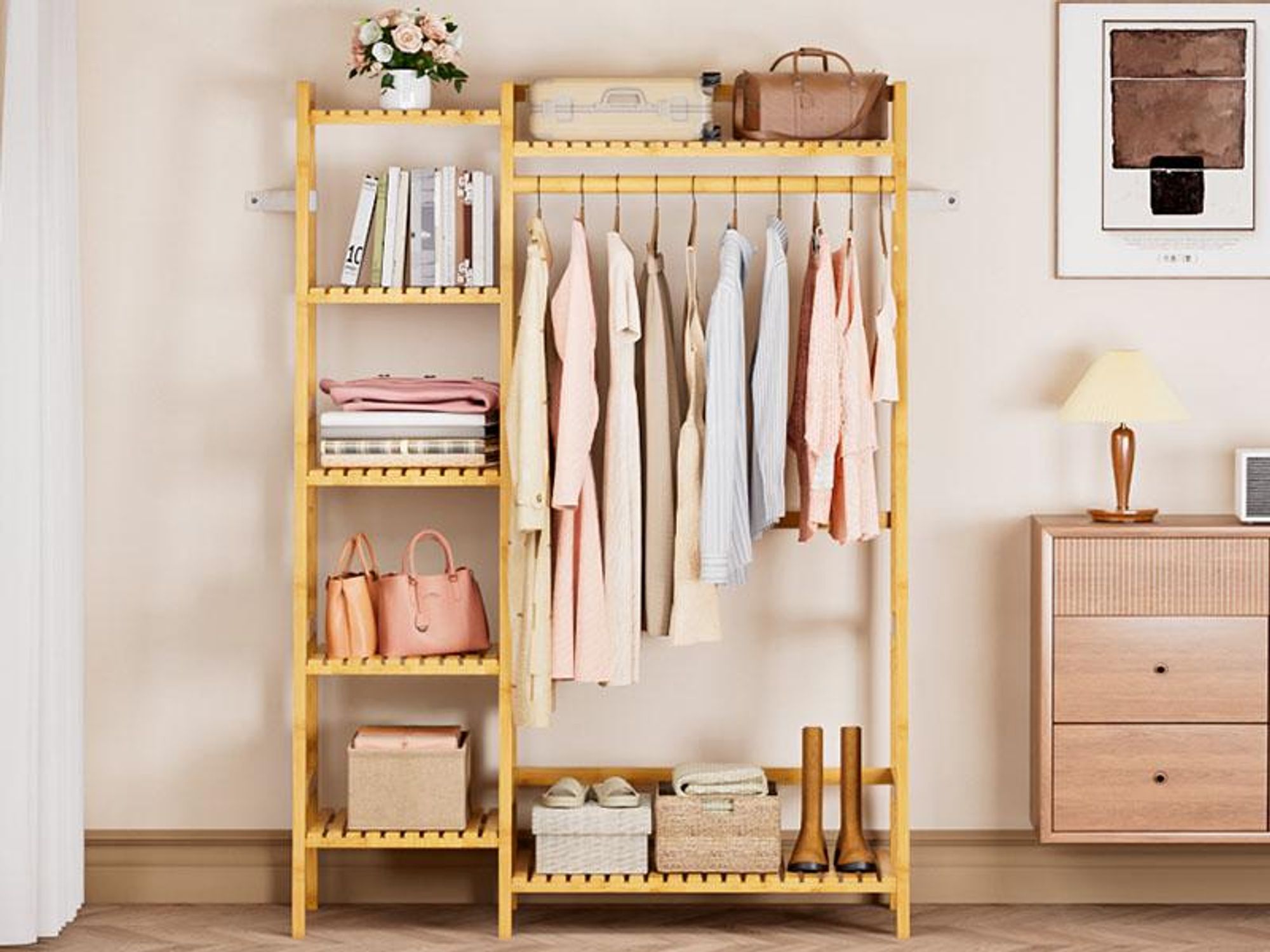 Yorbay Kleiderständer aus Bambus, Multifunktionale Garderobenständer 103x40x145 cm,7 Ablagefächer Garderobe für Flur, Schlafzimmer & Büro