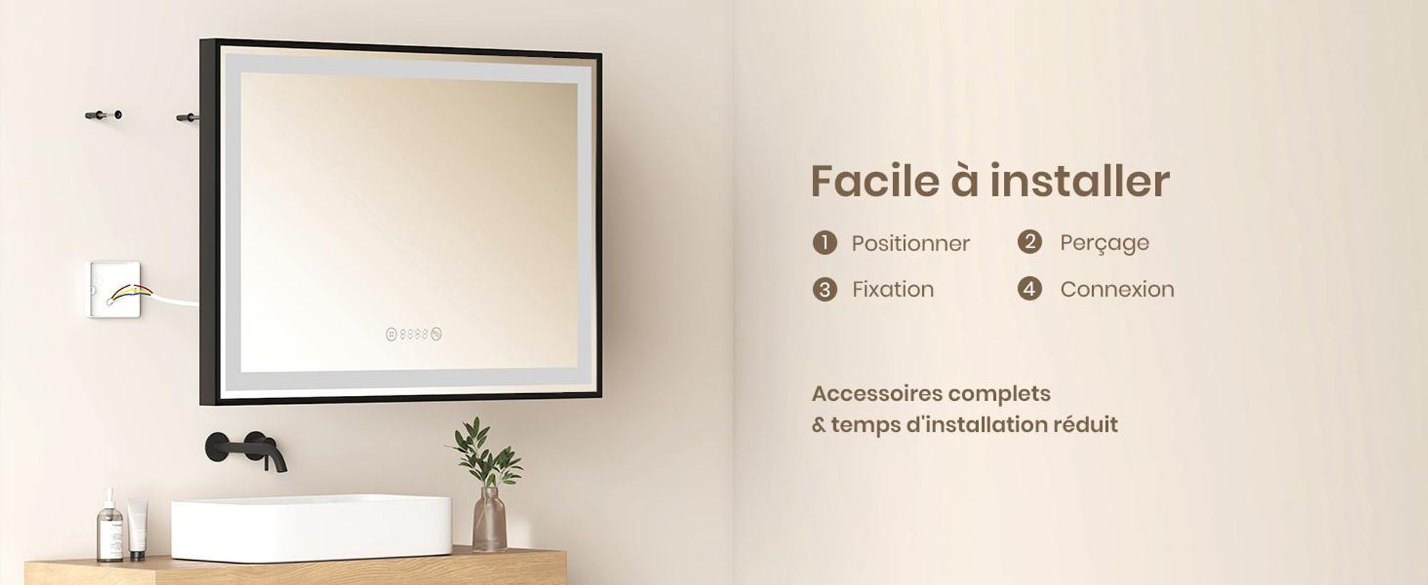 EMKE Miroir de salle de bain LED Miroir de salle de bain 50x70cm Miroir lumineux avec cadre noir Interrupteur tactile, antibuée et fonction horloge