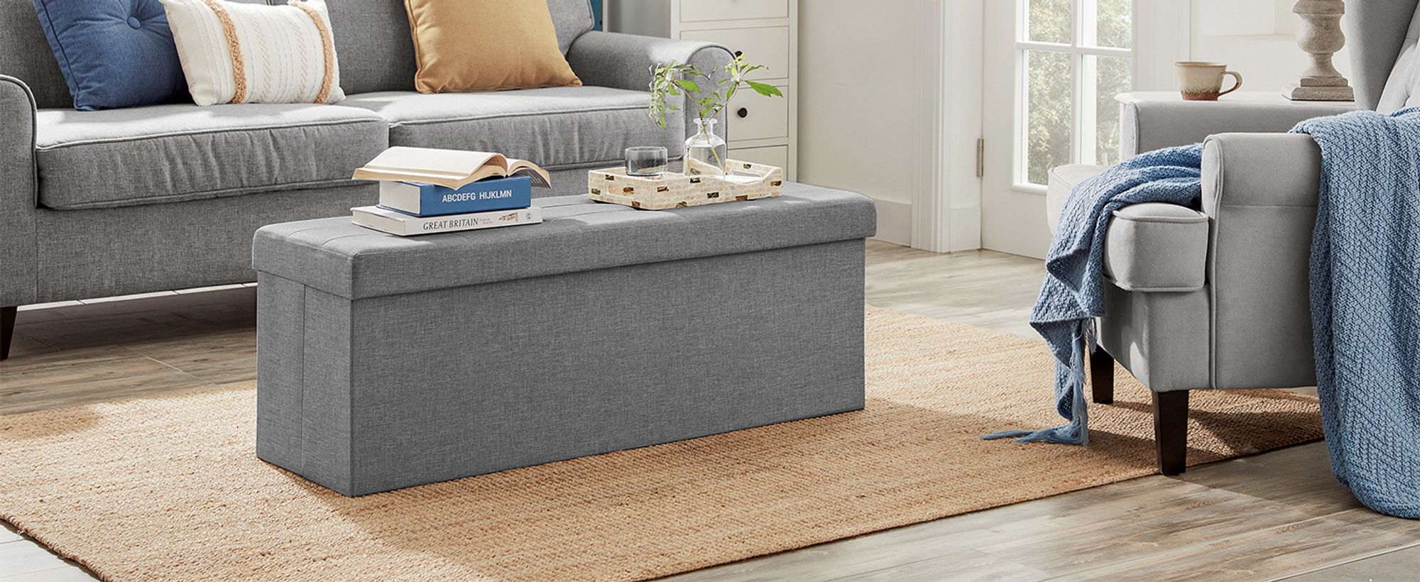 SONGMICS 110 cm Sitzbank mit Stauraum, klappbare Sitztruhe, Fußbank, hellgrau