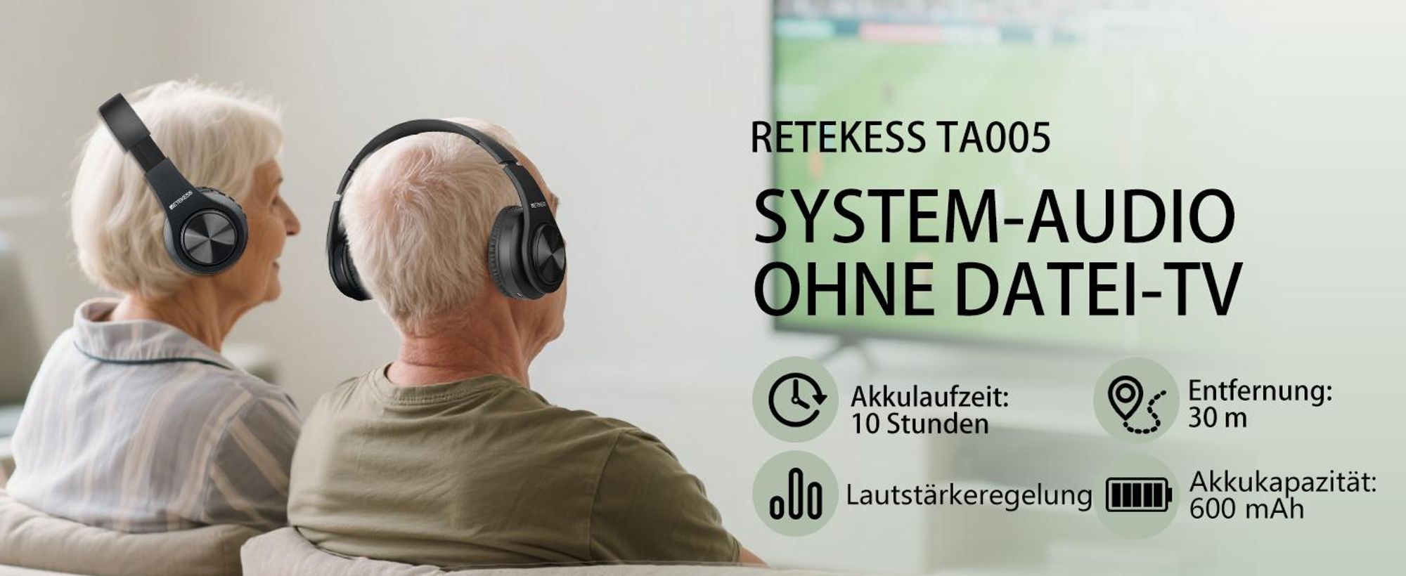 Retekess TA005 Kabellose Funk-Kopfhörer, Eingebauter Wiederaufladbarer Akku, Unterstützt Stereo-, AUX- und RCA-Eingang, Kopfhörer für Senioren, Eltern