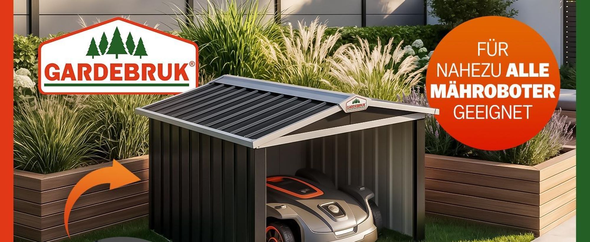 GARDEBRUK® Mähroboter Garage Metall Wetterbeständig Kabelführung 4x Erdanker Carport Rasen Garten, Farbe:Satteldach Grün