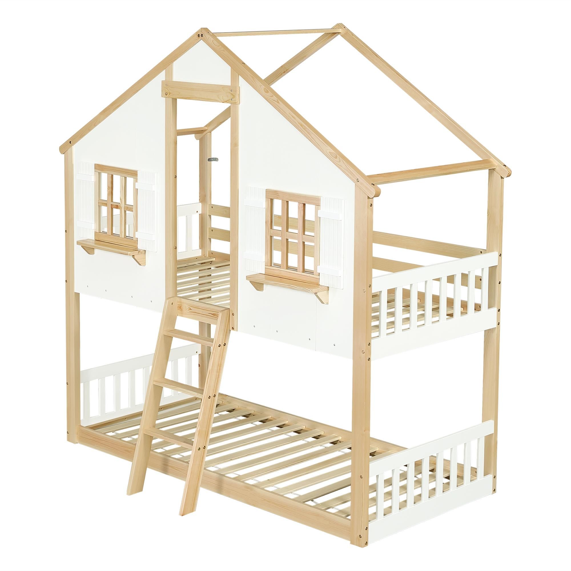 Flieks Etagenbett 90x200cm mit Leiter, Kinderbett Hausbett mit Fenster, Hochbett Stockbett Einzelbett mit Rausfallschutz und Lattenrost, Naturbelassen