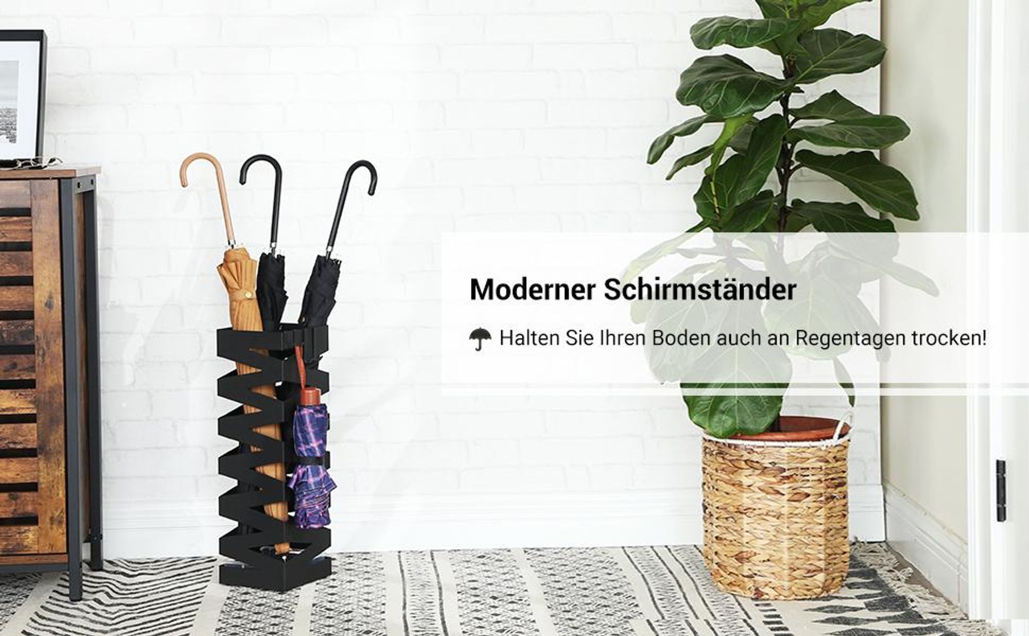 SONGMICS Ø 15,5 x49cm Schirmständer 2 Haken Metall Regenschirm Wasserauffangschale schwarz werdern verschenkt rechteckig LUC16B