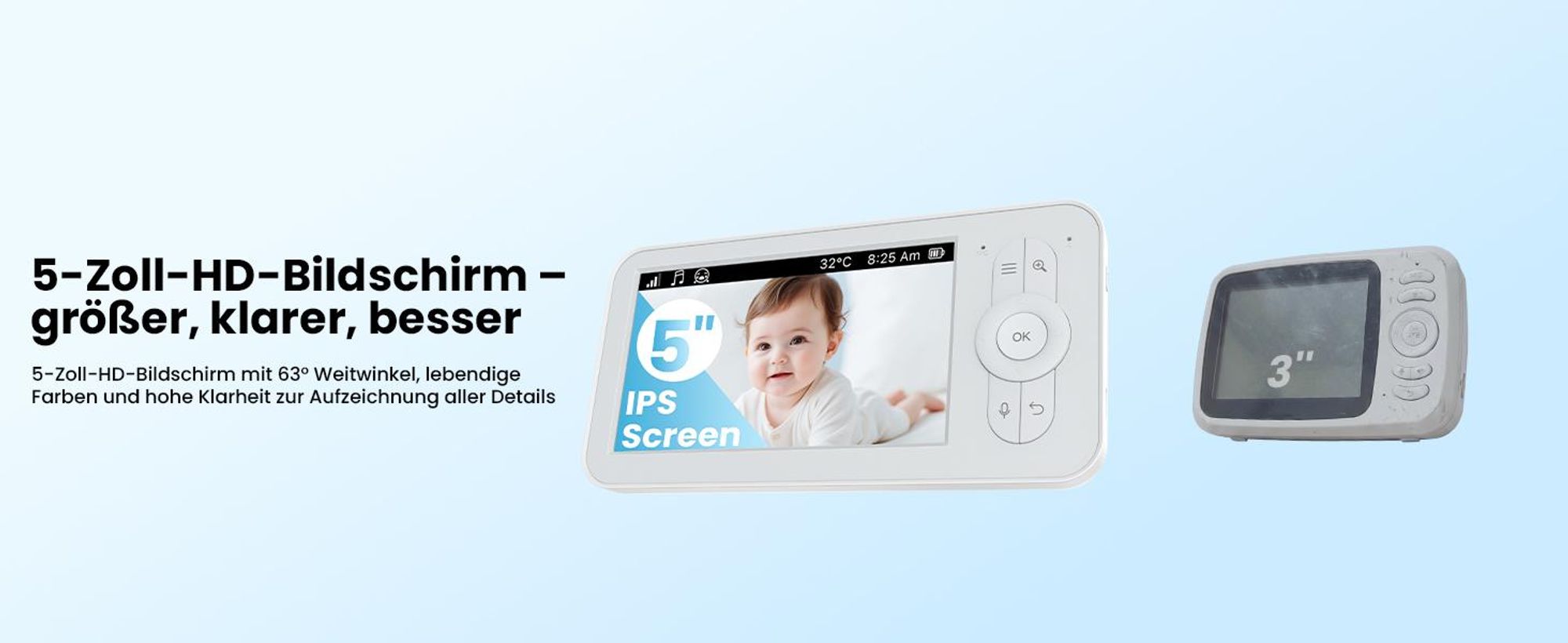 Babyphone mit Kamera und Audio ohne WLAN5 Zoll Display 30h Akkulaufzeit schwenkbar und neigbar 2xZoom Nachtsicht VOX Gegensprechfunktion mit Halterung