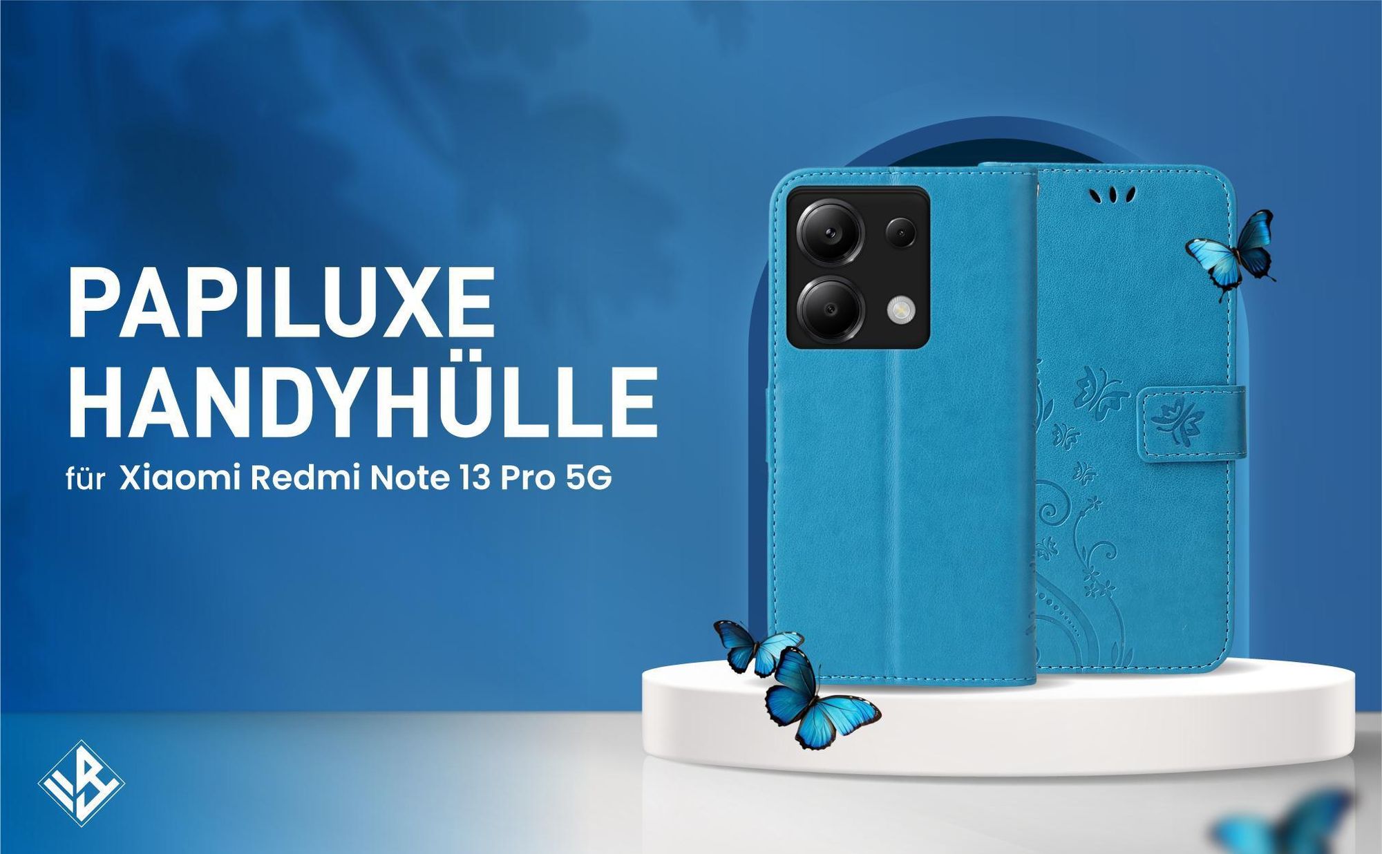 Blaue Klapphülle im Schmetterling Design für Xiaomi Redmi Note 13 Pro 5G mit Wallet-Funktion