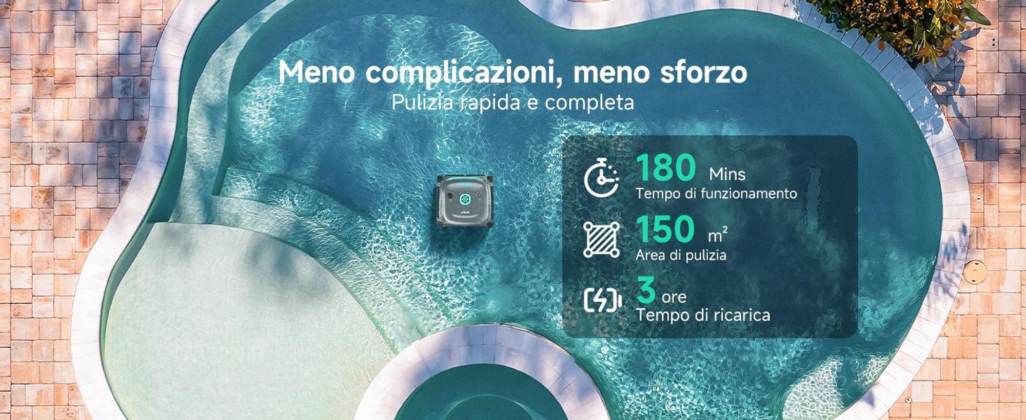 Robot per piscina senza fili WYBOT C2 - Potenza di aspirazione 3592 GPH, autonomia di 180 minuti, doppio filtro da 180 μm + 10 μm, controllo tramite app, IPX8, fino a 150 m²