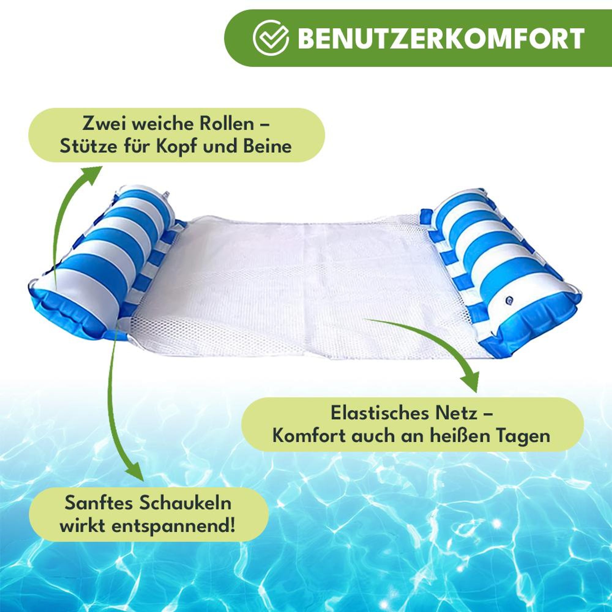 KRUMAD Wasserhängematte Aufblasbar 115x65 cm, Schwimmliege mit Netz und Kopfstütze, Pool Luftmatratze für Erwachsene, Strand & Meer, Blau-Weiß