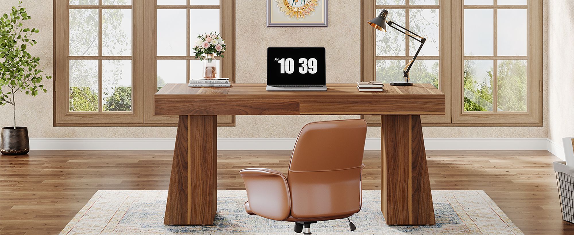 Tribesigns 140 cm Schreibtisch, Moderner Home-Office-Schreibtisch mit Doppeltem Trapezfuß, Holz-Computertisch, Business-Arbeitsplatz, Braun