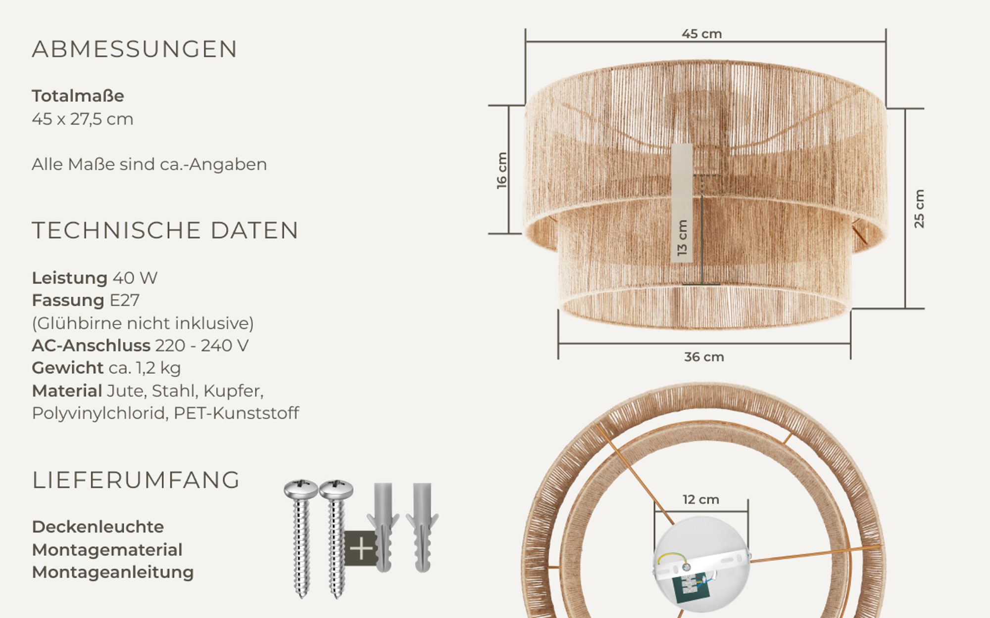 tectake® Deckenleuchte Lignea Lux aus Jute Boho-Stil 45 x 25 cm
