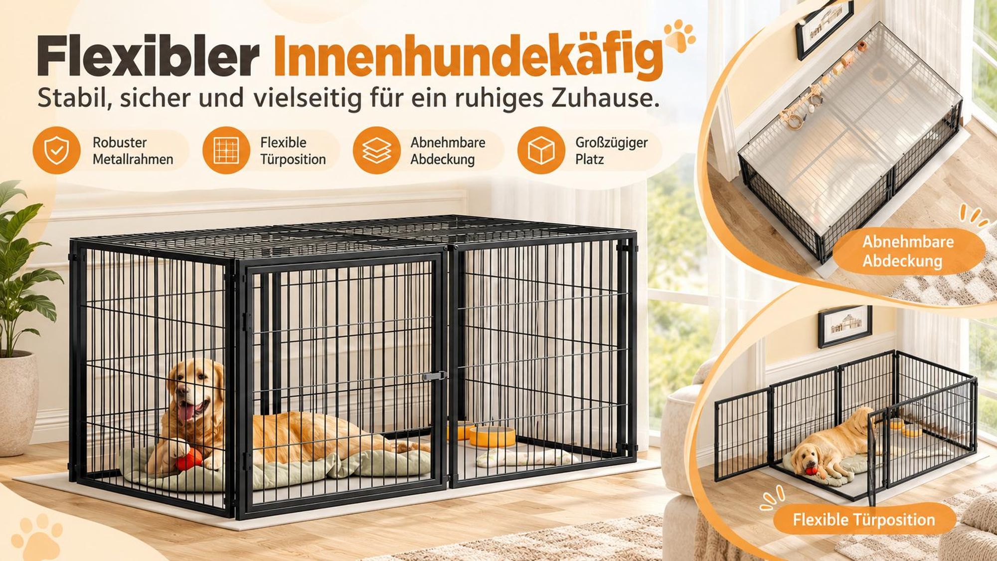 Basics Modulare Hundebox 160x80x80 cm, Flexibler Hunde-Käfig mit Sicherheitsdeckel & Verstellbarer Tür, Aus Stahl mit Rostschutz, inkl. PVC-Auflage, Schwarz Black
