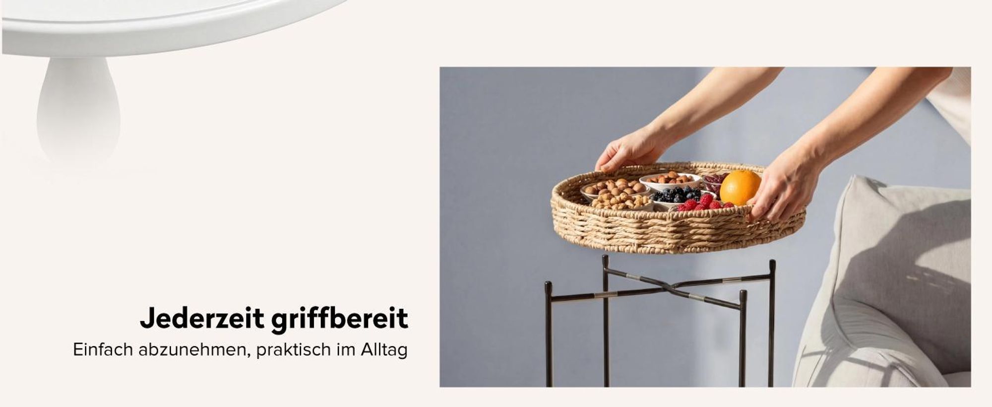 doporro Beistelltisch rund, Kleiner Tisch, Couchtisch rund mit 1 geflochtenen Ablagen aus natürlichem Papierseil,37 x 55 cm, Weiß Reglo-08