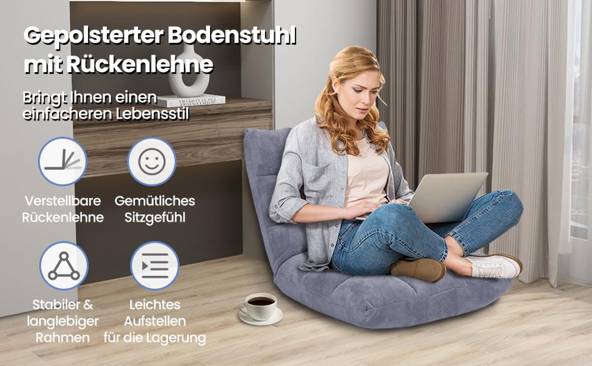 COSTWAY Bodenstuhl verstellbar, Bodensessel gepolstert, Bodenkissen mit Rückenlehne, Meditationsstuhl Fensterstuhl (schwarz)
