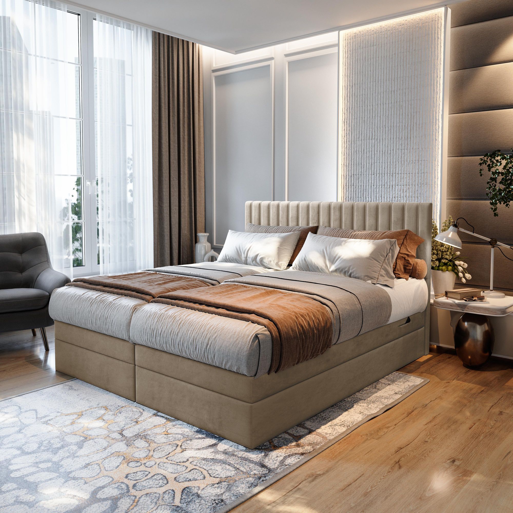 TRADA Adele Boxspringbett 140x200 Elektrisch verstellbar Taschenfederkern Doppelmatratze 9 Zonen Topper Bett mit Bettkasten Velour Stoff Beige