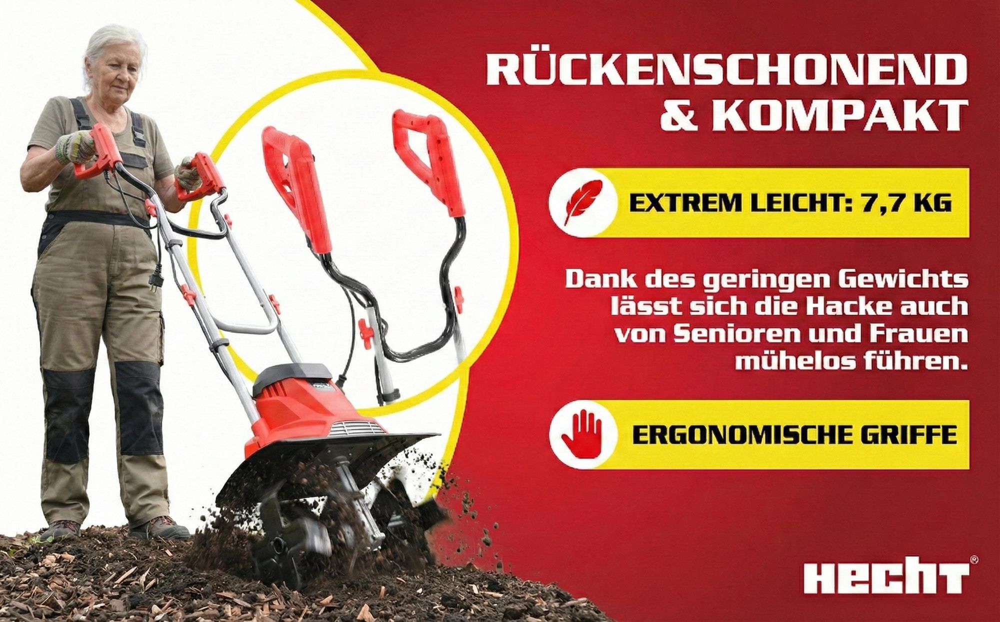 HECHT 738 Motorhacke Elektro | 36,5 cm Arbeitsbreite | 20 cm Arbeitstiefe | 1000W | 16 Messer | 430 U/min