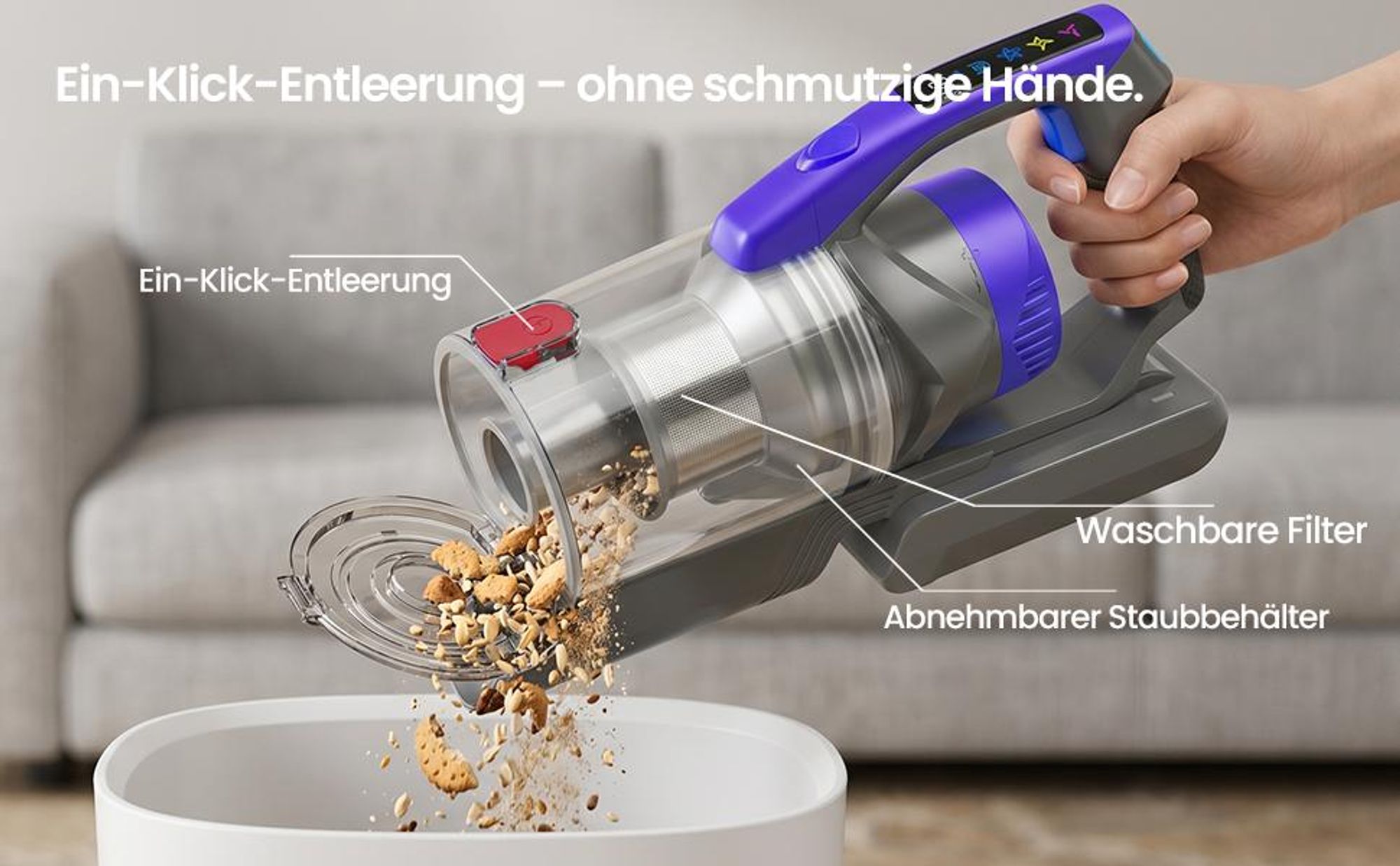 2,5-Liter-Staubbehälter – per Knopfdruck entleeren, ganz einfach und sauber