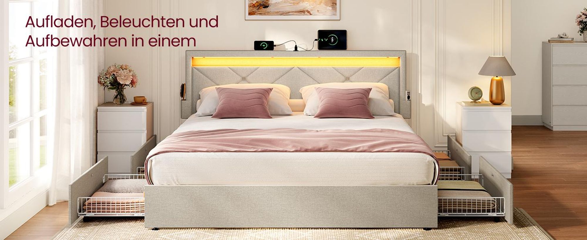 VASAGLE Polsterbett mit LED und 7-Zonen Taschenfederkernmatratze Set, 4 Schubladen, USB-Anschlüsse, 140x200 cm, Beige/Blau