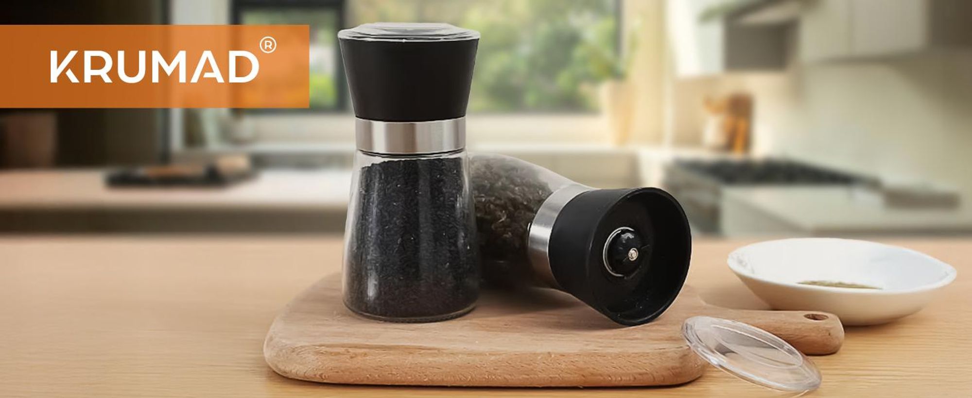 KRUMAD Salz- und Pfeffermühle Set 2er, Gewürzmühle aus Glas mit Keramikmahlwerk, einstellbarer Mahlgrad, Salzmühle & Pfeffermühle