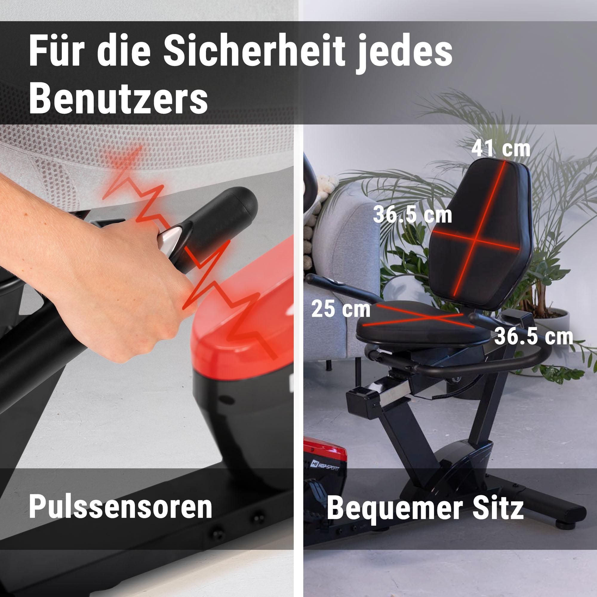 Hop-Sport Liegeergometer HS-060L - Liegeheimtrainer mit Handpulssensoren, 15 kg Schwungmasse, 8  Widerstandsstufen - Sitzergometer für Senioren max. Benutzergewicht 130 kg rot