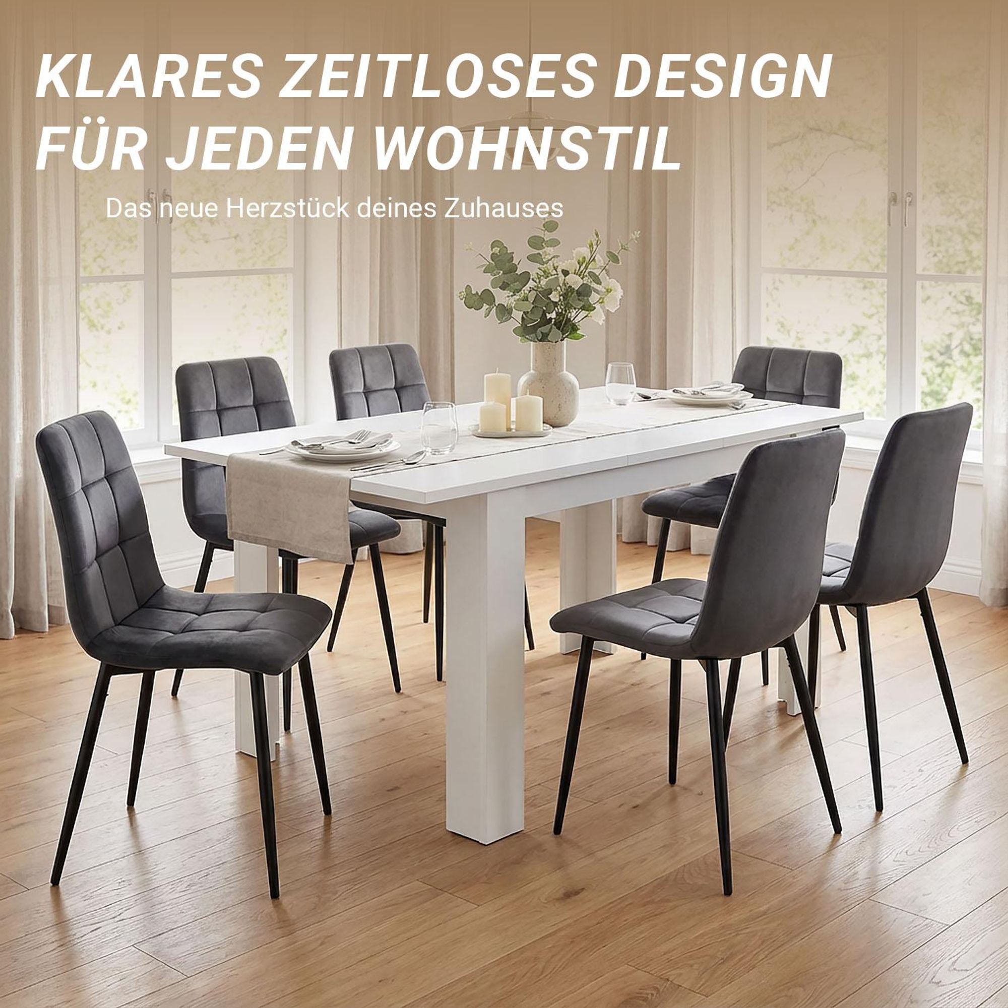 Das Bild zeigt den weißen ausgezogenen Holztisch im Esszimmer.