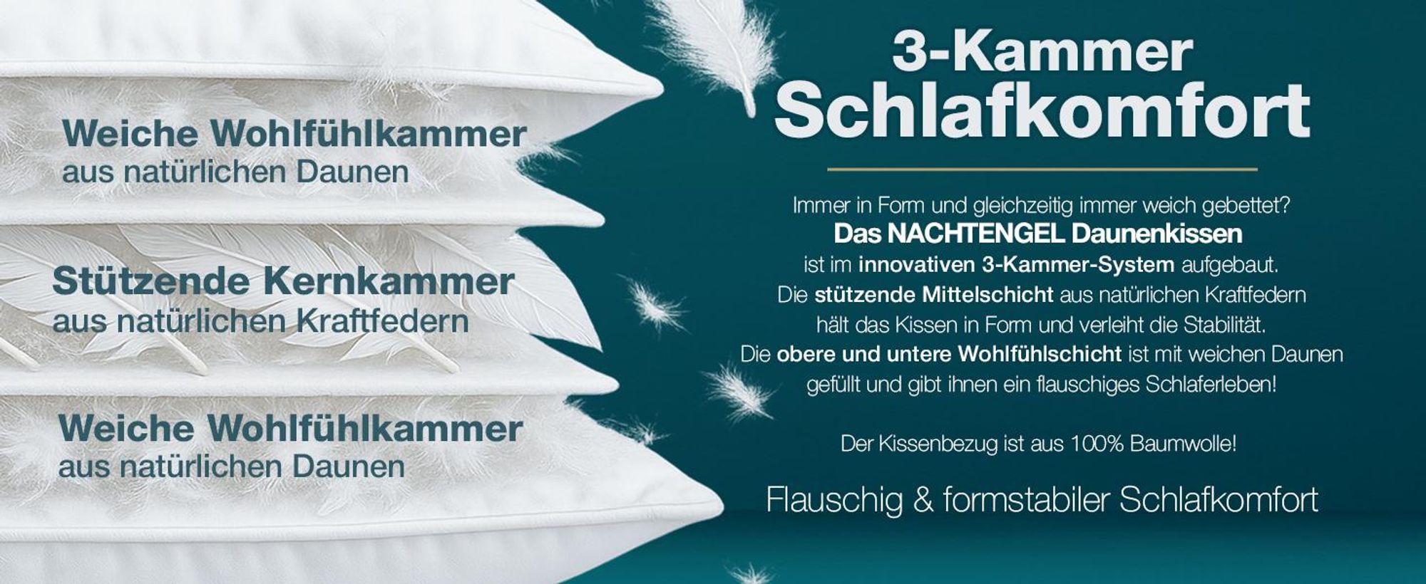 Daunenkissen 3-Kammer Kopfkissen 80x80 aus 100 % Daunen & Federn – Germany, atmungsaktives Federkopfkissen für alle Schlaftypen