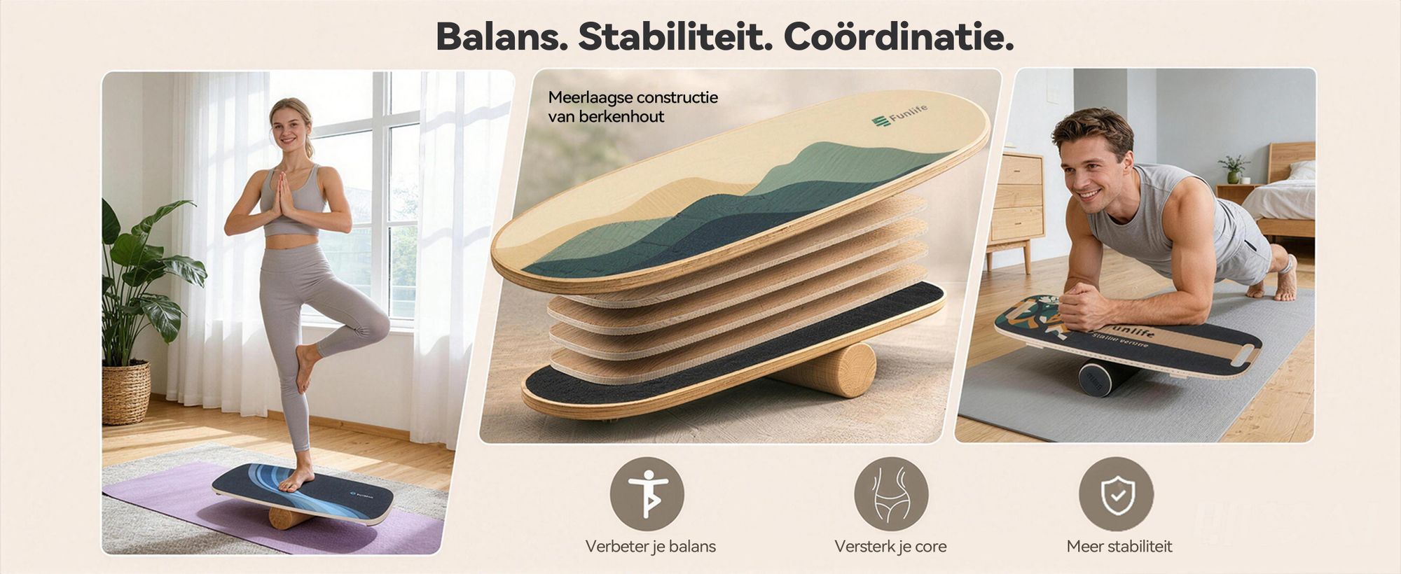 FunLife Balance Board WAVE, gemaakt van berkenhout met een rol – een evenwichtstrainer voor core-training, coördinatie, en training voor surfen, skateboarden en snowboarden