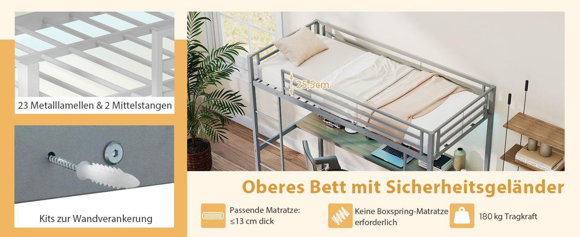 COSTWAY Hochbett Etagenbett 90x200cm mit Schreibtisch, LEDs, Ladestation, 2 Ablagen, Sicherheitsgeländer & Leiter, Stockbett Kinderbett Metall Silber