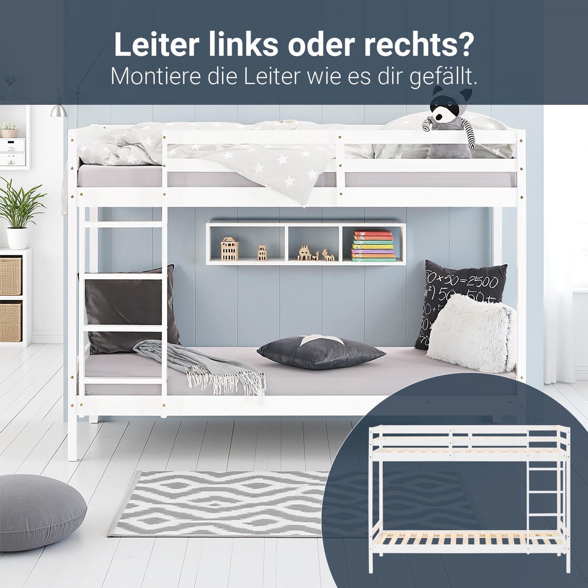 Die Leiter vom weißen Bett kann links oder rechts montiert werden.