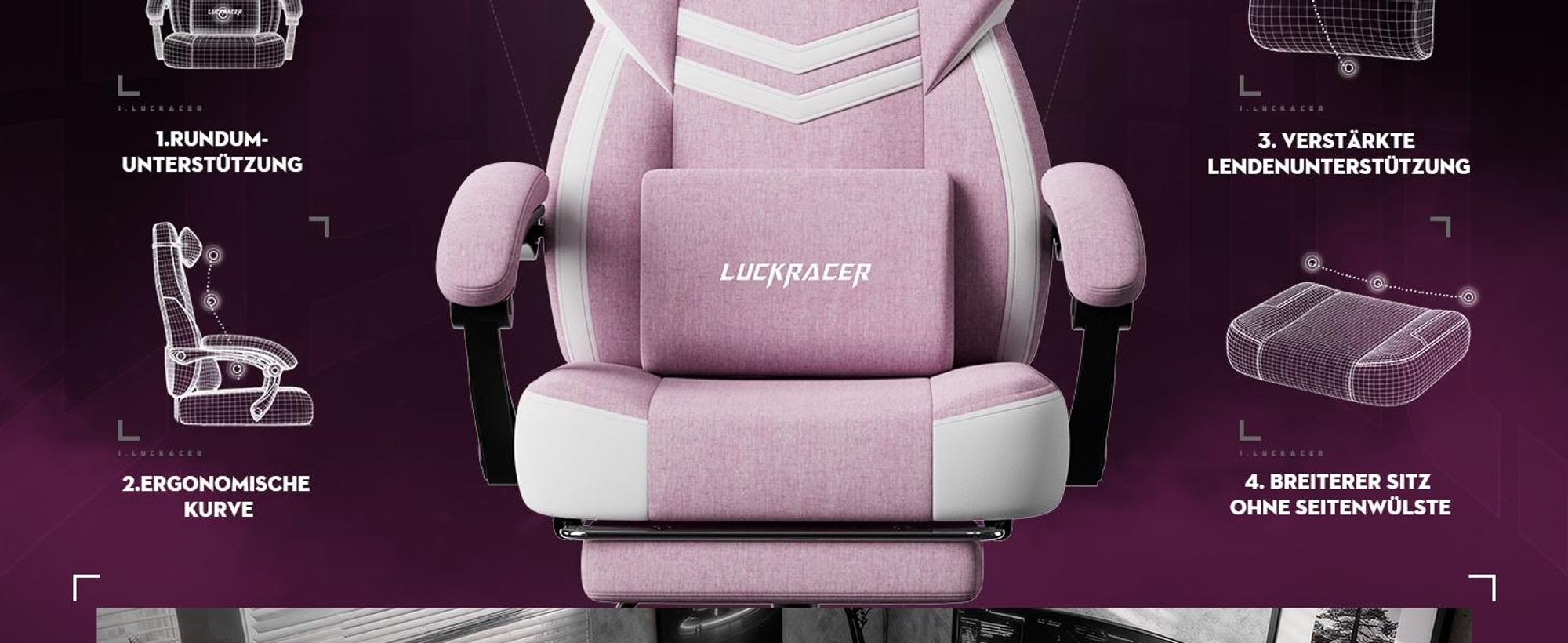 LUCKRACER Gaming Stuhl, Bürostuhl mit verbundenen Armlehnen, Memory-Schaum-Kissen, 90–155° Neigungswinkel und Fußstütze, strapazierfähigem Funktionsge