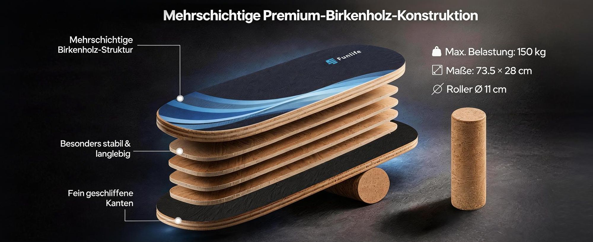 FunLife Balance Board aus Birkenholz mit Rolle WAVE – Stabiler Gleichgewichtstrainer für Core Training, Fitness & Balance, Rutschfest & Langlebig