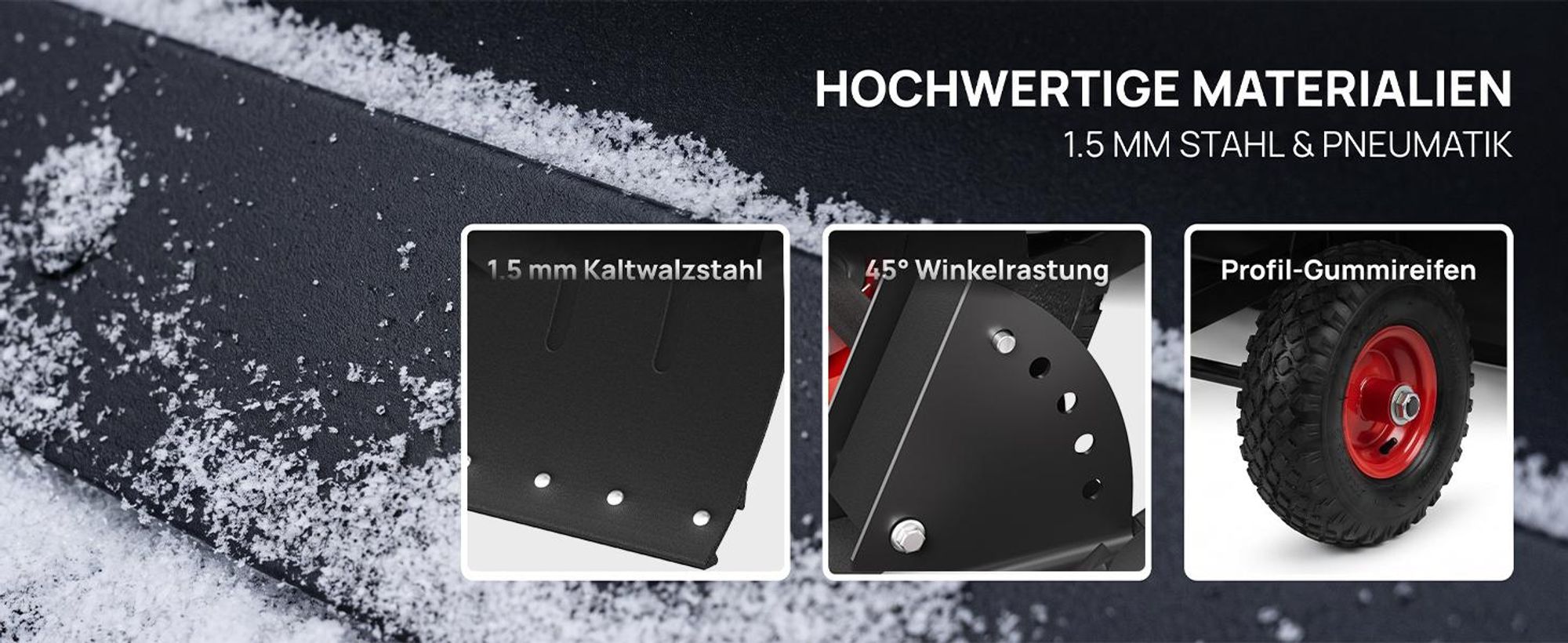 ROSEJANE Schneeschieber mit Rädern, Metall-Schneeschaufel mit Edelstahl-Schaufelblatt, 5-fach höhenverstellbarer Griff, 5-fach verstellbarer Schaufelwinkel, 74 cm Arbeitsbreite, luftbereifte Räder, klappbar