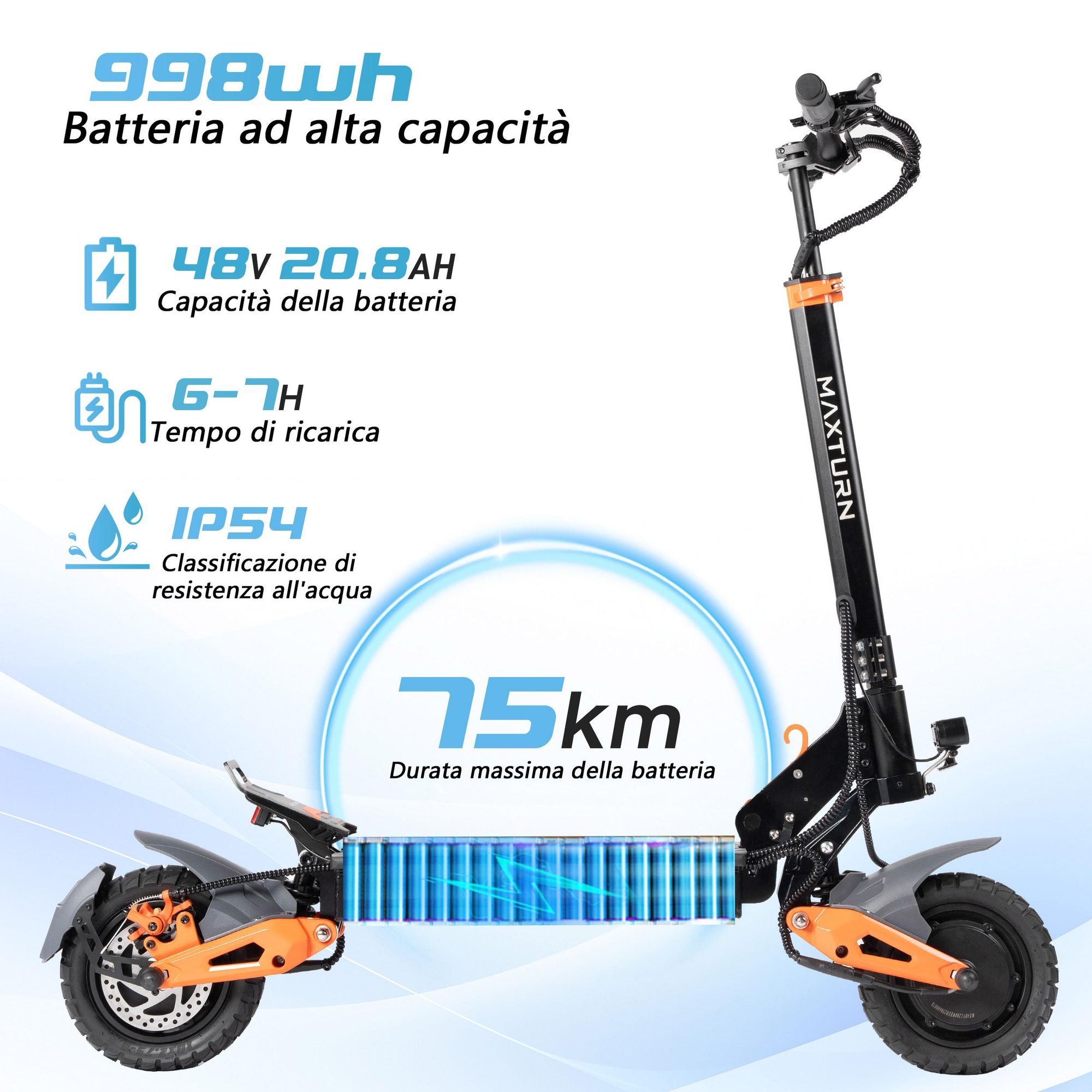 Monopattino Elettrico MAXTURN X1 Ultra - 48V20.8Ah 10'' Scooter Elettrico Telaio Alluminio - Nero