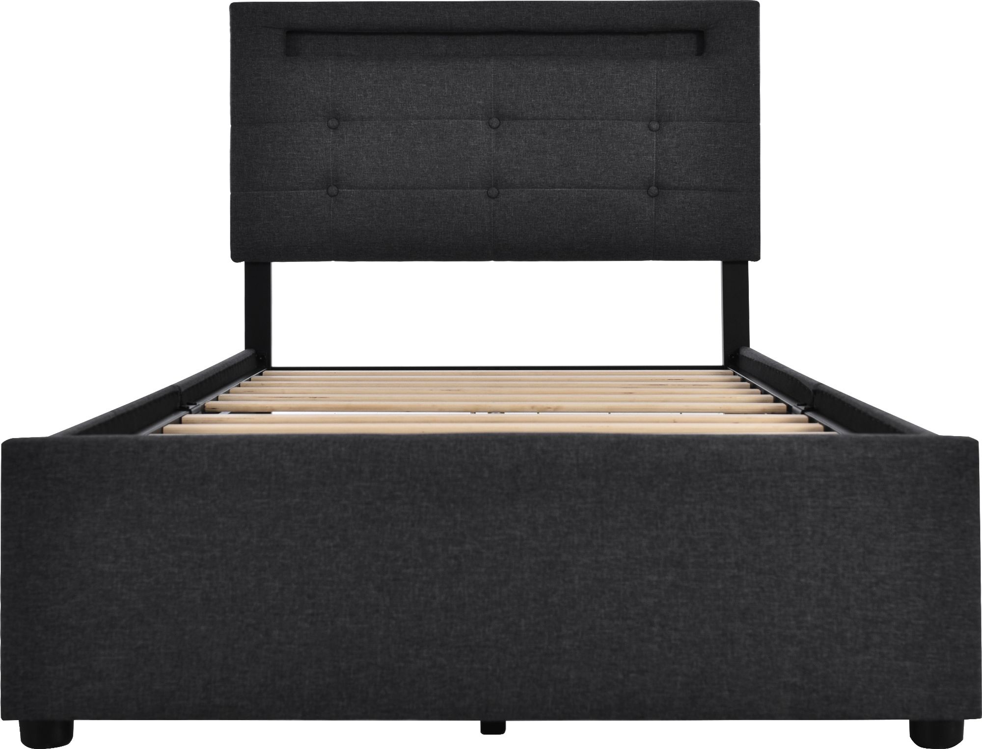 Flieks Polsterbett 90x200cm mit LED und höhenverstellbarem Kopfteil, Einzelbett mit Lattenrost und 2 Schubladen, Stauraumbett Leinen, Schwarz