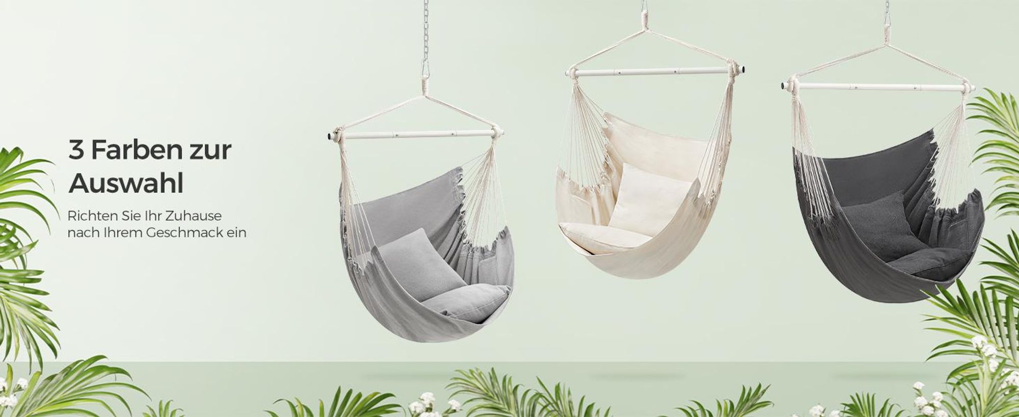 SONGMICS Hängesessel mit 2 Kissen, Metallkette, bis 150 kg belastbar,cremeweiß
