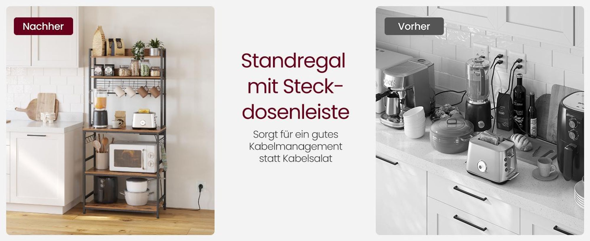 VASAGLE Küchenregal, Standregal mit Steckdosen, Gitterplatte, 14 Haken, 40 x 80 x 170 cm