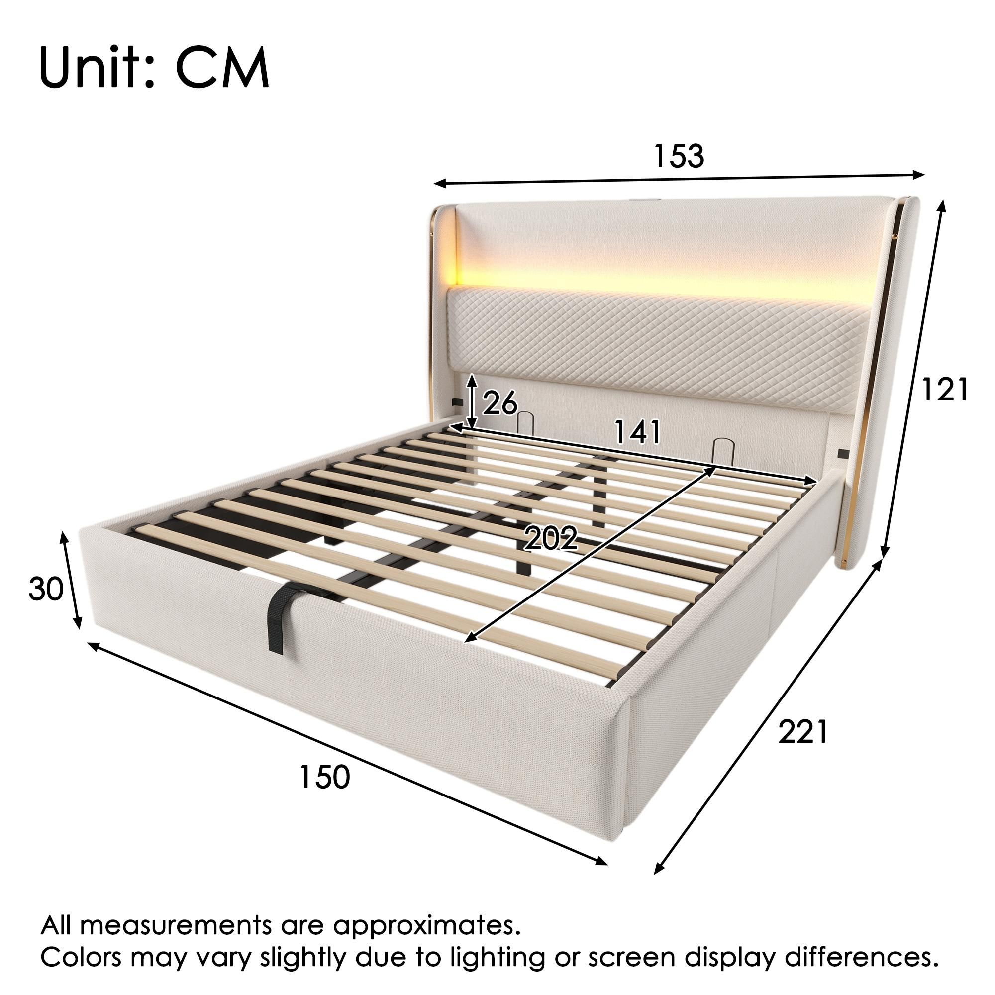 Flieks Hydraulisches Polsterbett 140x200cm mit USB/Type-C-Anschlüssen, Stauraumbett Doppelbett Jugendbett mit Led, Leinen, Beige