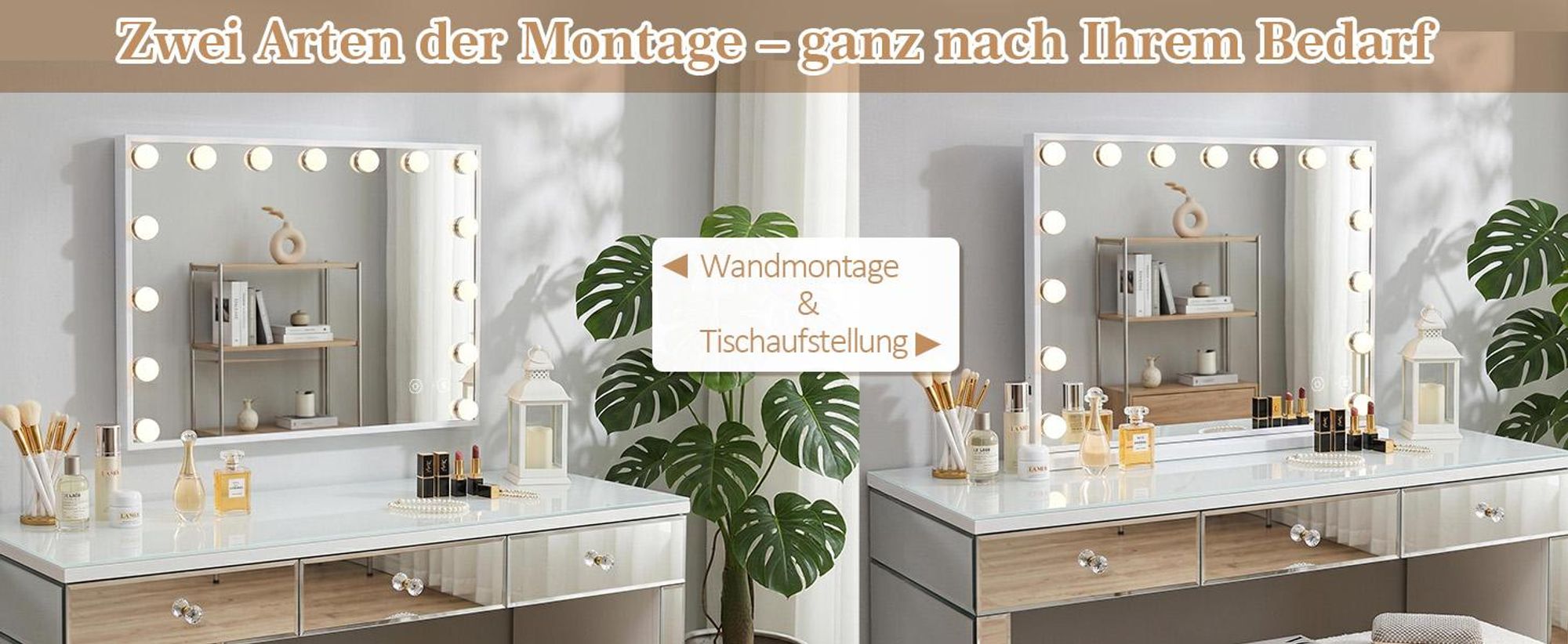 VANITII Hollywood Schminkspiegel 58cm x 46cm mit Beleuchtung 15 Dimmer Leuchten 3 Lichtmodus Bluetooth Kosmetikspiegel für Badzimmer Schminktisch Weiß