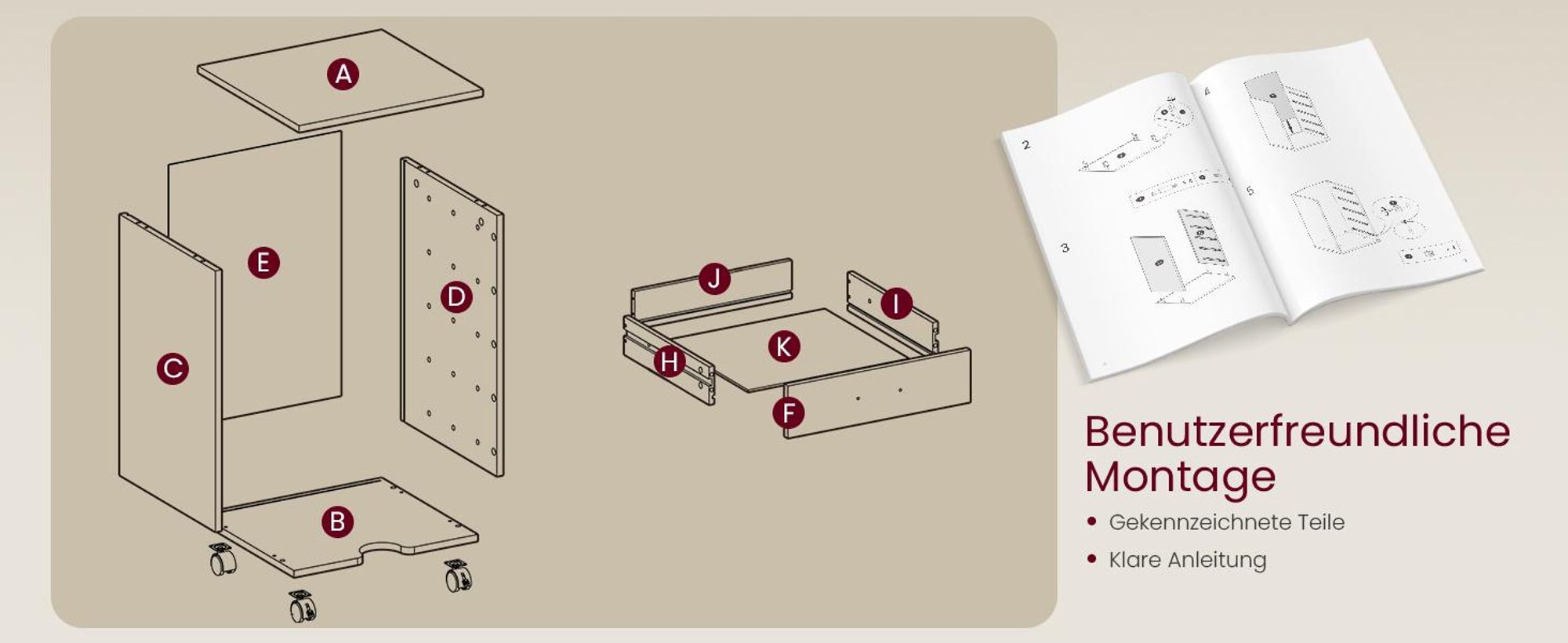 VASAGLE Rollcontainer, Aktenschrank, Schubladenschrank, Druckerständer, 5 Schubladen, mit werkzeuglosen Gleitschienen, schwarz