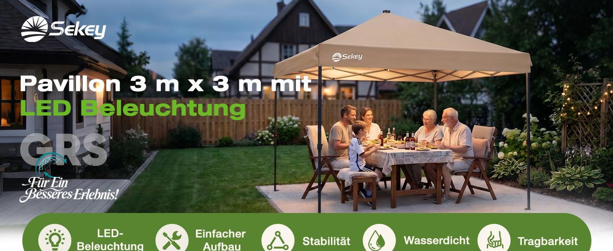 Sekey Faltpavillon 3x3 m mit Solar-LED, UPF 50+, wasserdicht und winterfest Gartenpavillon