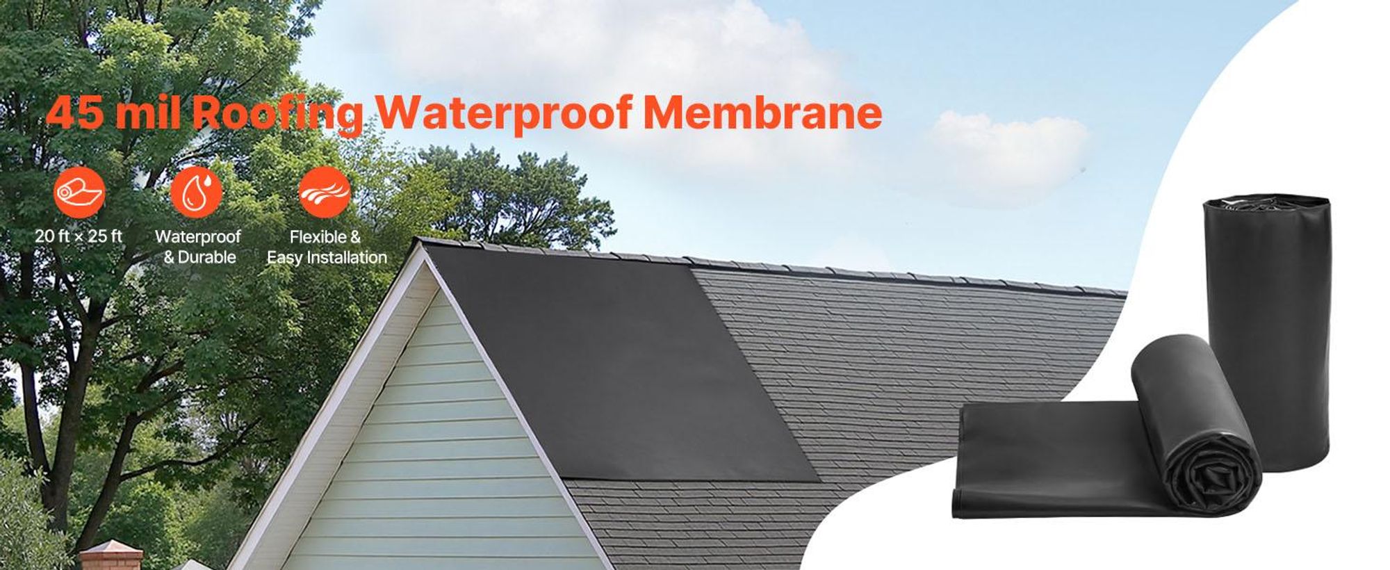 VEVOR Rollendach, 20 x 25 ft, 45 mil EPDM Gummidach, Lange Lebensdauer & Wetterbeständig, Hält extremen Temperaturen stand, Flexibel & Einfache Installation, Dachunterlage für Wohnmobile, Dächer, Teiche, 20 x 25 ft