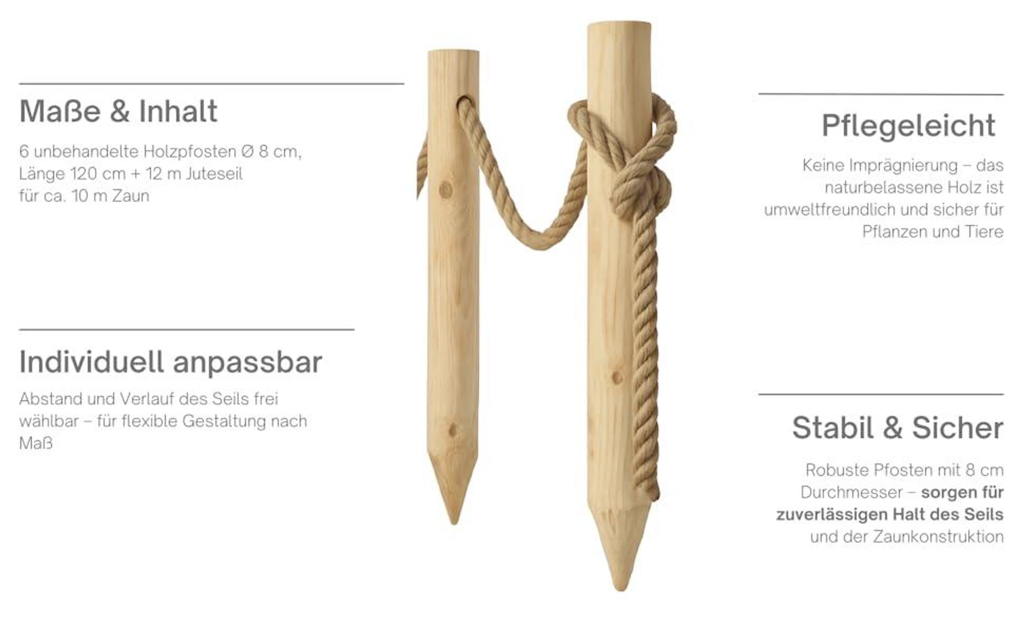 TIMBERMIK Holzzaun Set – 6 Holzpfosten Ø8x120 cm + 12 m Juteseil, Gartenzaun, natur, unbehandelt, Staketenzaun