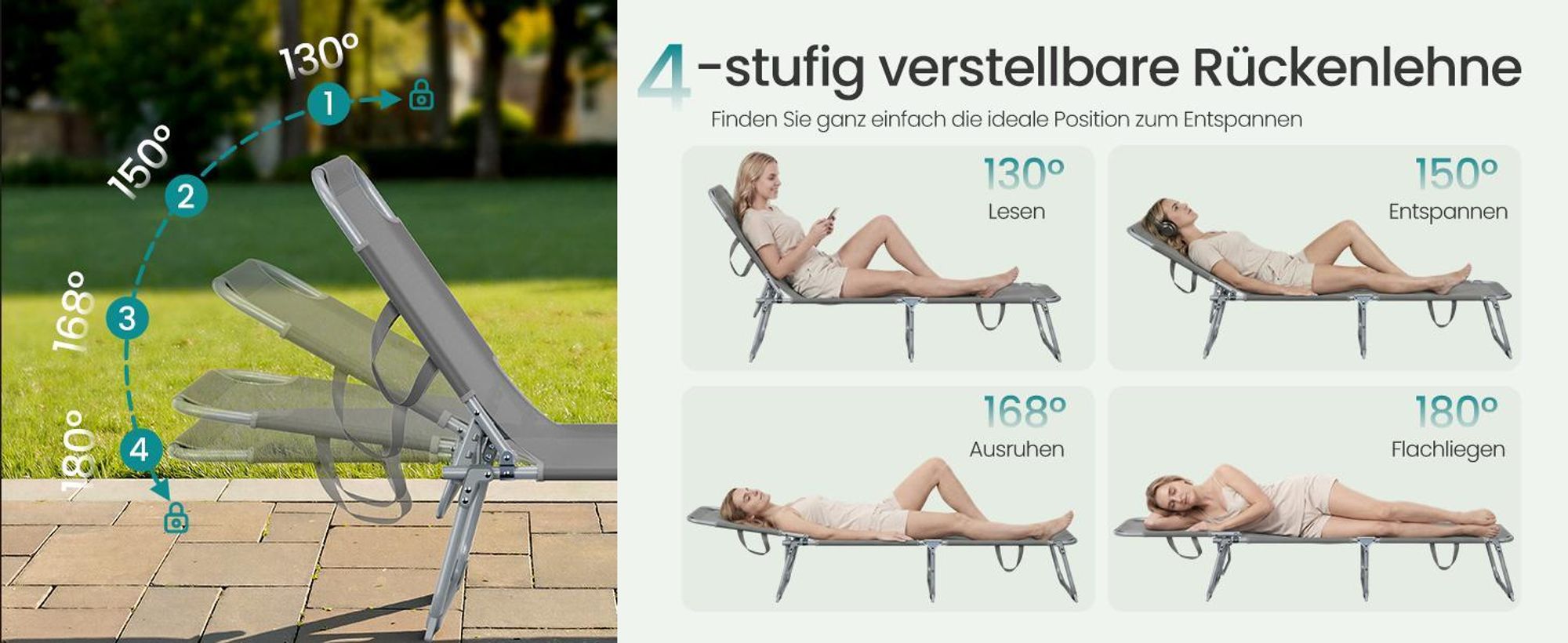 SONGMICS Sonnenliege klappbar, belastbar bis 110 kg, verstellbare Sonnenblende, Rückenlehne, beige