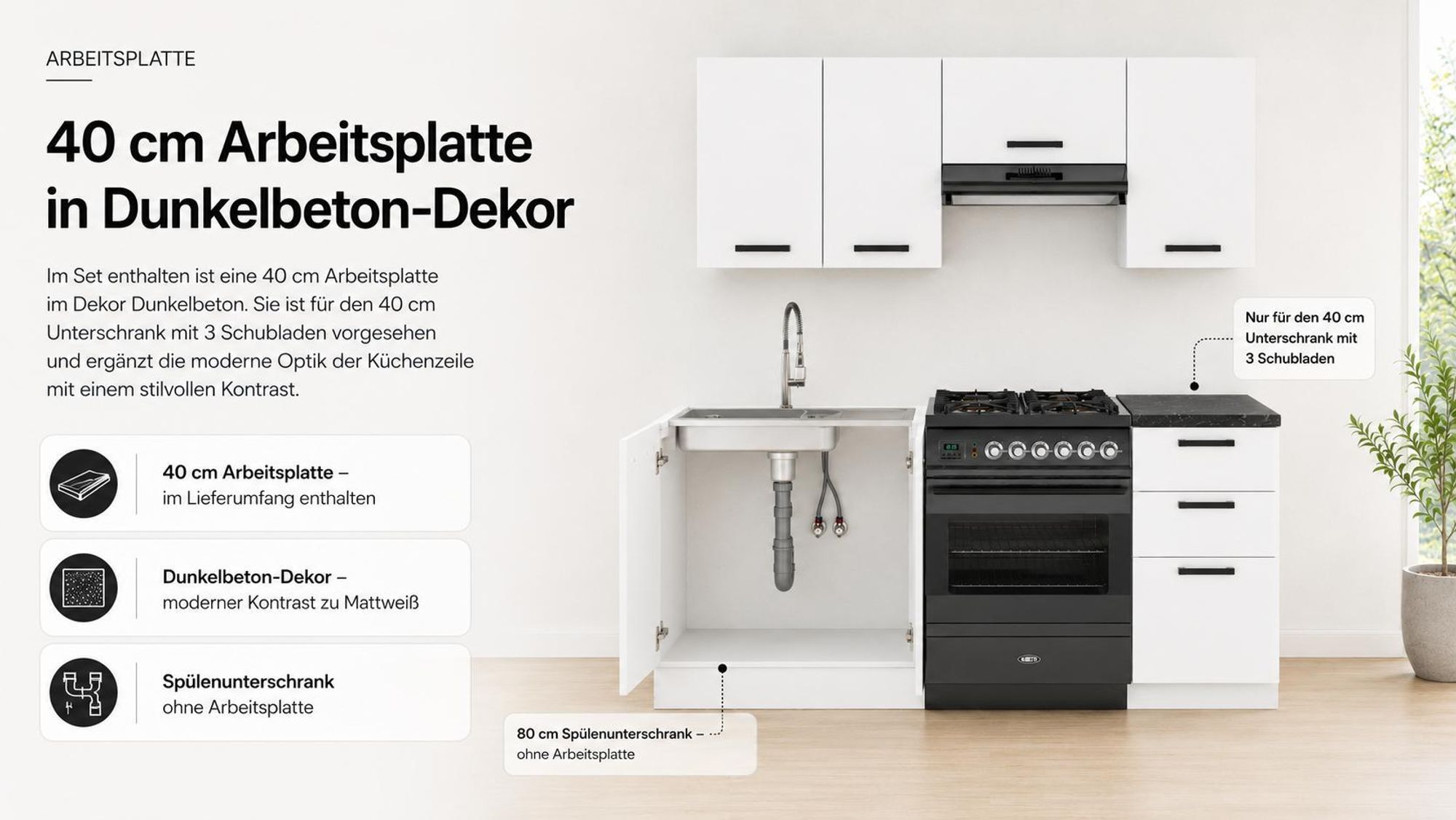 40 cm Arbeitsplatte in Dunkelbeton für den Schubladenschrank.