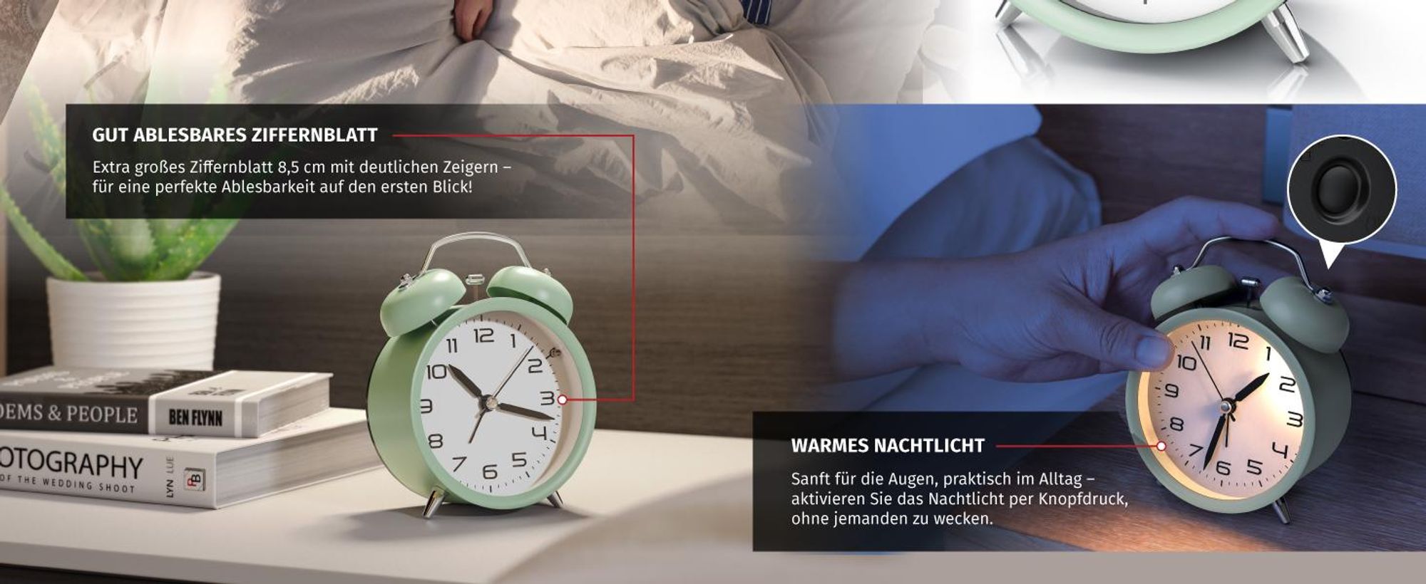 BEARWARE Wecker Analog, rund, mit Licht, Retro, lauter Glockenalarm für Tiefschläfer Einfache Bedienung, weiße Tafel, Beleuchtet, ohne Ticken, Vintage