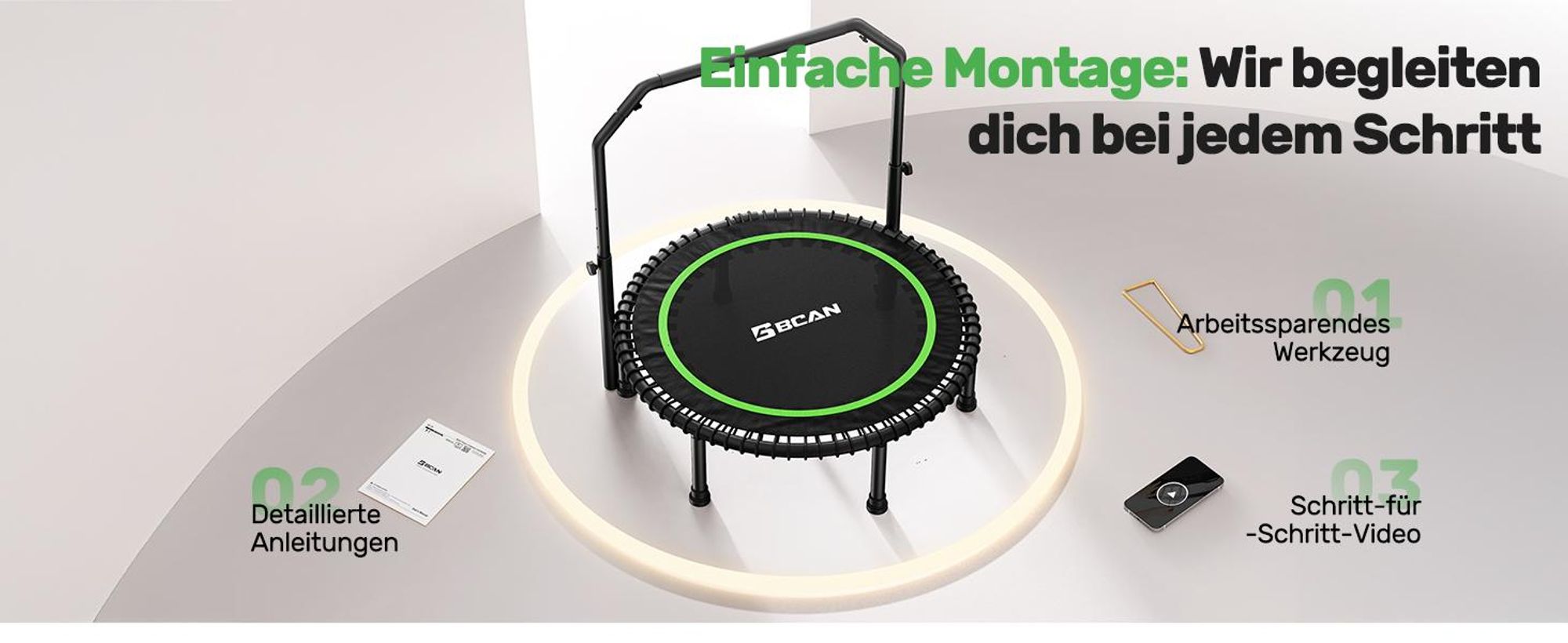 BCAN Fitnesstrampolin Rebounder für Erwachsene, Ø 102 cm / 122 cm, belastbar bis 204 kg / 250 kg