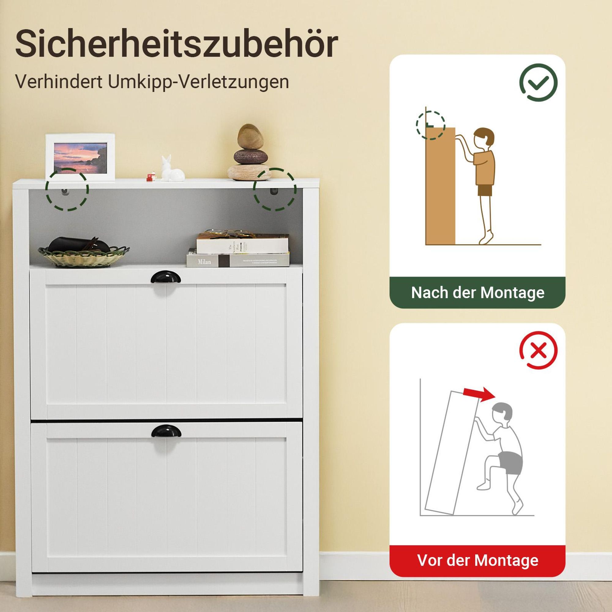 SoBuy schmaler Schuhkipper 24 cm tief mit 2 Klappen Schuhschrank mit 4 Ablageflächen & Zusatzfach platzsparende Schuhkommode für Flur, Eingang FSR87-W