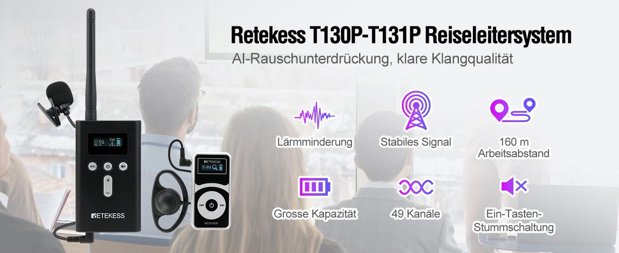 Retekess T130P Kabelloses Tour Guide System, Audio Whisper Tour Guide System, 160m, Geräuschreduzierung, Typ-C Aufladung für Tour Reisen,walkie talkie