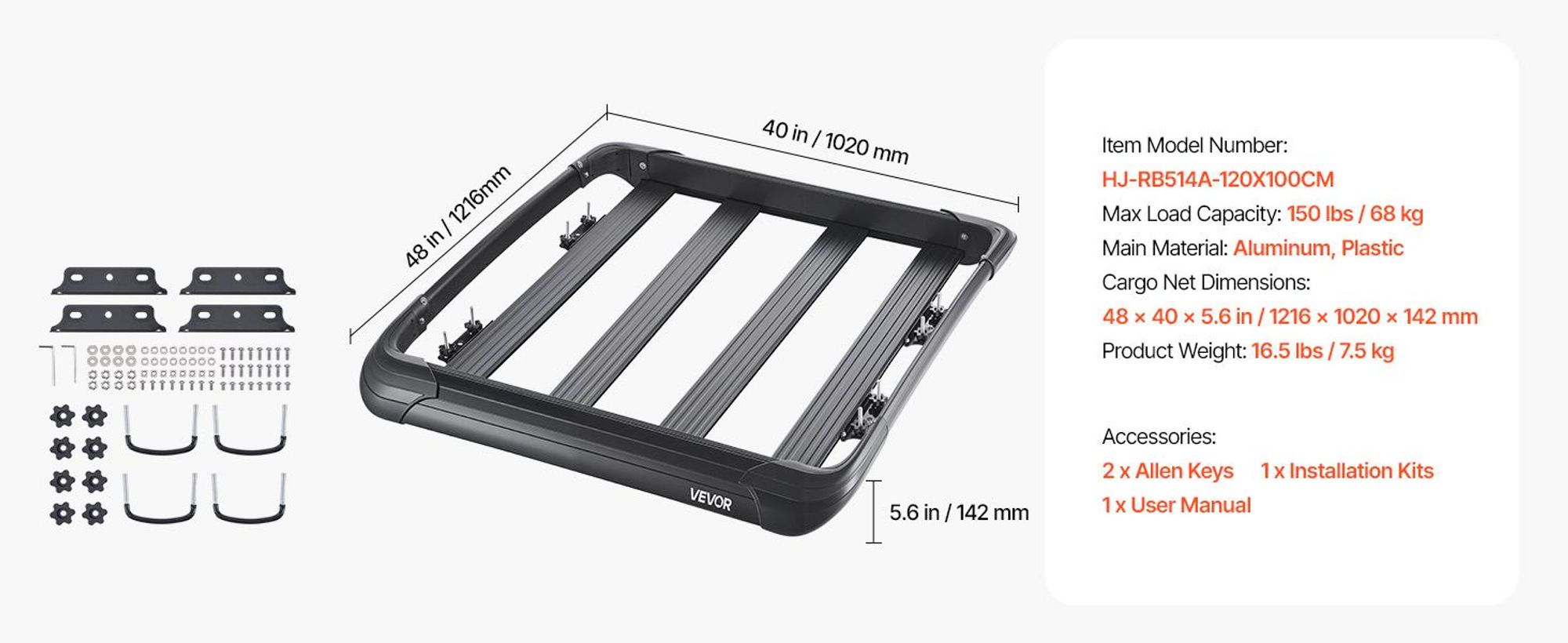 VEVOR Dachträger Gepäckträger, 48 x 40 x 5,6 Zoll, Universeller Dachgepäckkorb, Gepäckträger für Autodach mit 150 lbs Maximalbelastung, 4,1 Zoll Zaun, Rostfreier Legierungsstahl, Windabweiser, für SUV