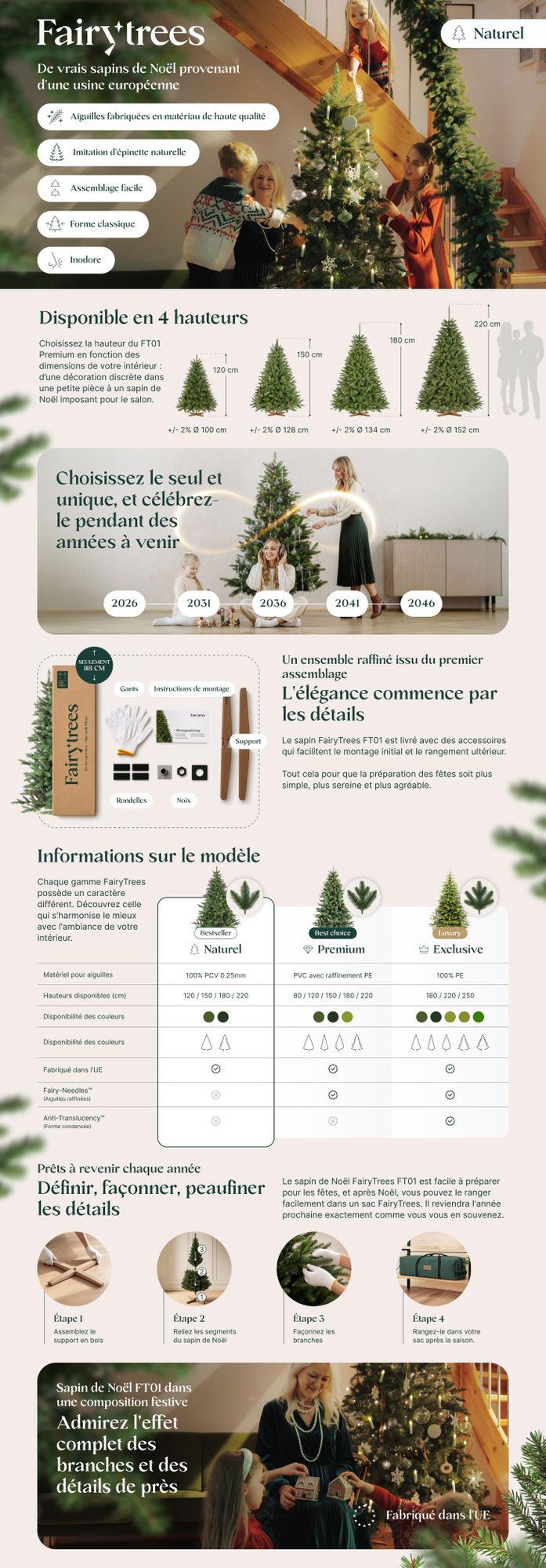 FairyTrees Sapin de Noël Artificiel 180cm ÉPICÉA Naturel | Arbre de Noël avec Support en Bois | Tronc Vert | EU