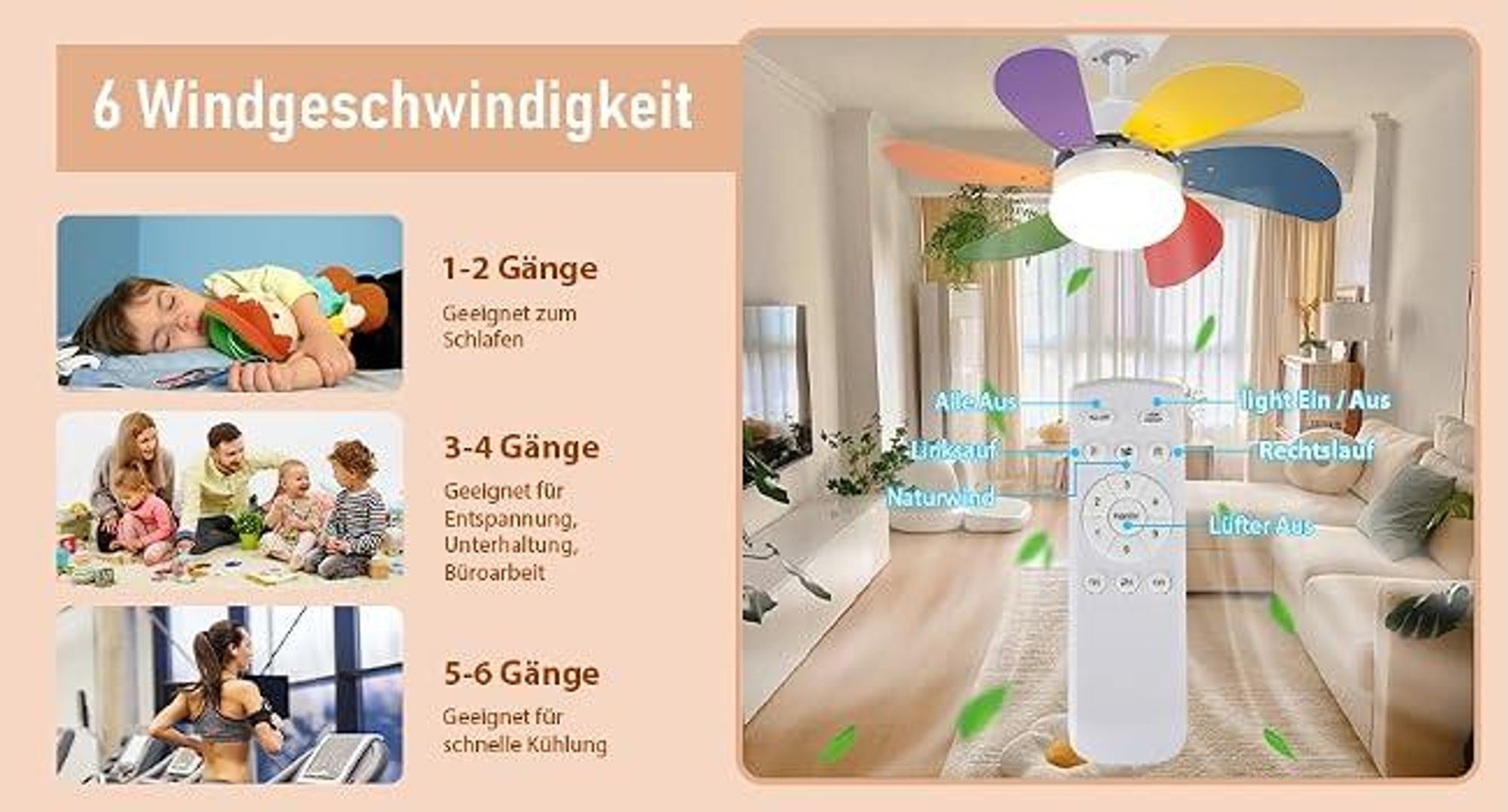 ZMH Stropný ventilátor LED s osvetlením farebné lopatky 6 lopatiek Ø75 cm tichý diaľkové ovládanie časovač pre obývačku spálňu