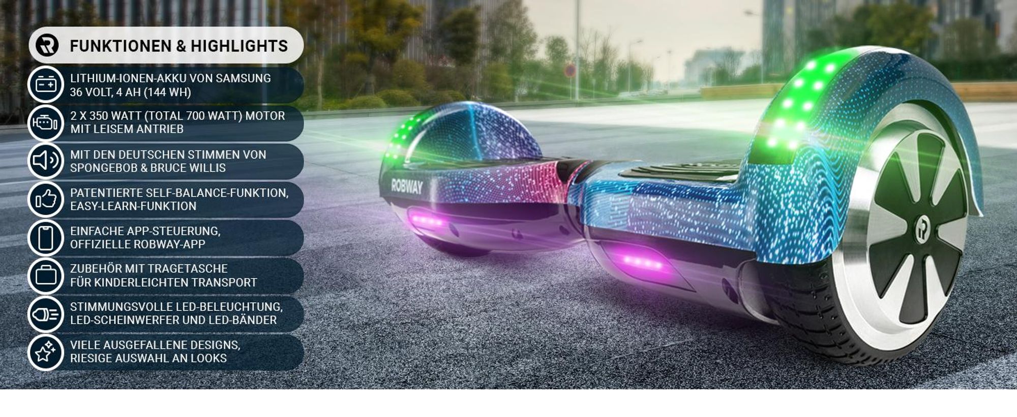 ROBWAY W1 Hoverboard | Elektroroller 700 Watt - 6,5 Zoll - 15 km/h - Bluetooth - LEDs - Soundeffekt - Smart Elektro Scooter - Jugendliche & Erwachsene